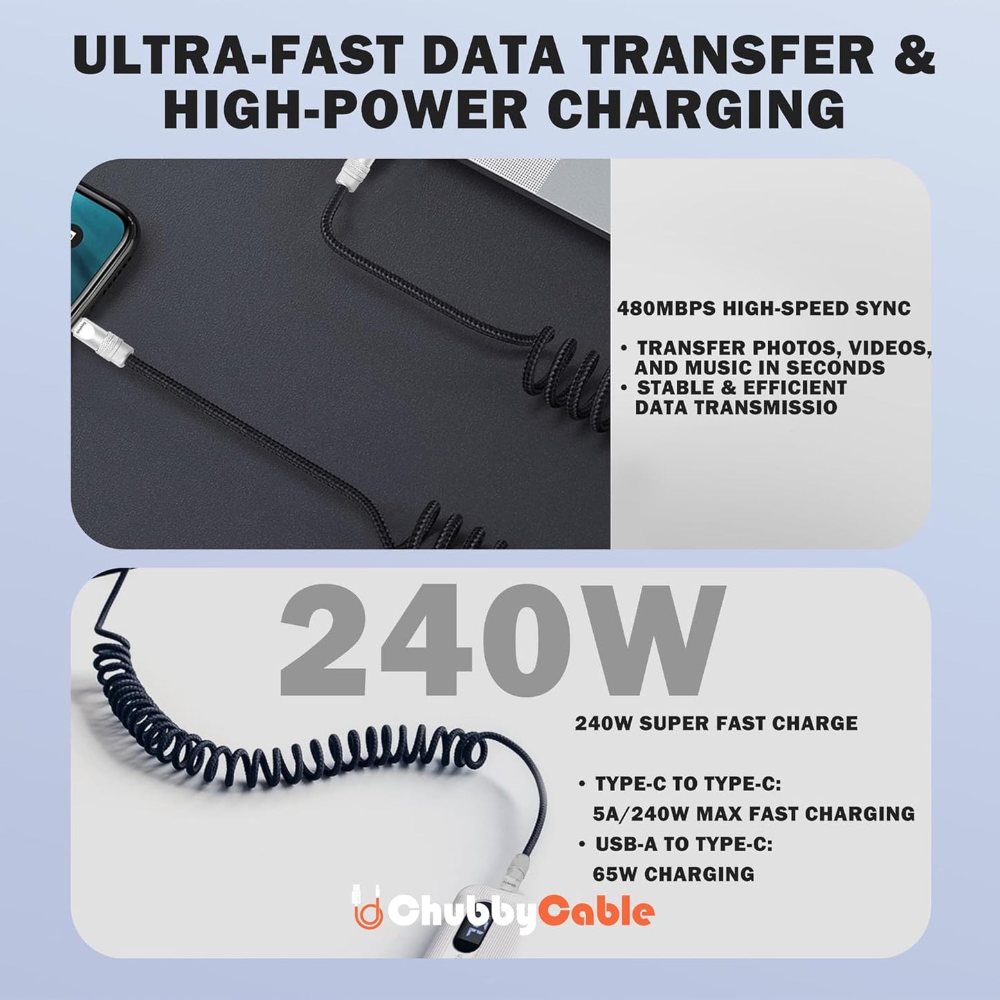 chubbycable Curly Chubby - Retractable Fast Charging Cable 240W Coiled Charger Cord for Car Durable USB-C Cable for Phones, Tablets and More, Dark Blue, Type-C to Type-C, 1.3FT-2.3FT