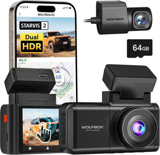 WOLFBOX X3 2.5K 60FPS Dash Cam, STARVIS 2 IMX675 with ADAS, 2.5K+1080P Dual Dash Cam Front and Rear, Built-in 5.8GHz WiFi & GPS, Included 64GB Card, Touch Screen, G-Sensor, Loop Recording