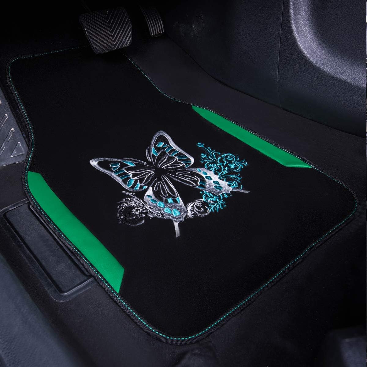 CAR PASS Embroidery Butterfly Car Floor Mats, Green Carpet Floor mats with Heel Pad, Universal Fit for Suvs,Sedans,Trucks,Cars, Set of 4 (Black and Green)
