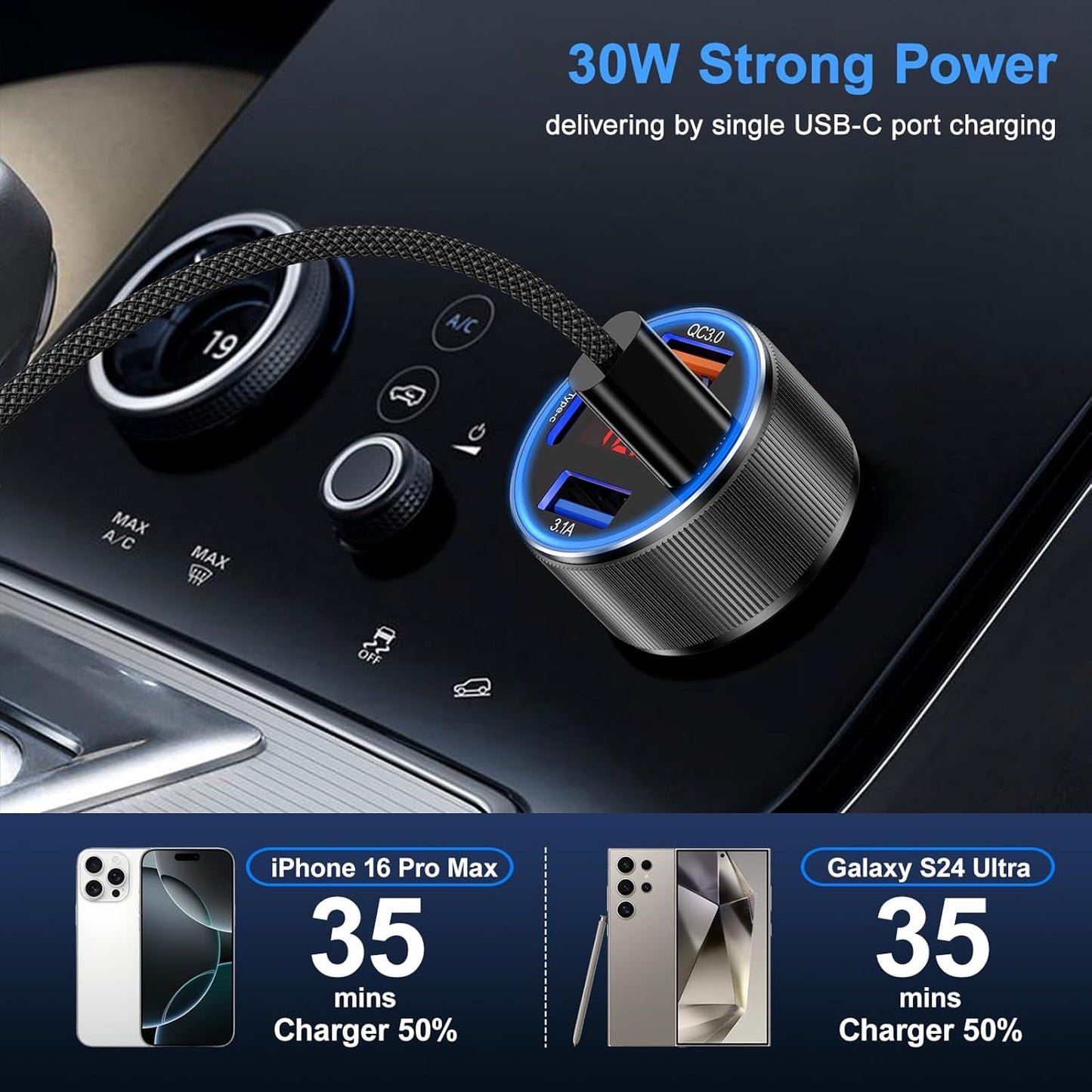 Car Charger USB C, Besgoods 4 Ports Cigarette Lighter USB Charger USB C Car Adapter PD/QC Fast Charging with Voltmeter for iPhone 16 15 14 13 12 Galaxy S24 S23 A54 A15 Android Dash Cam, 2Pack