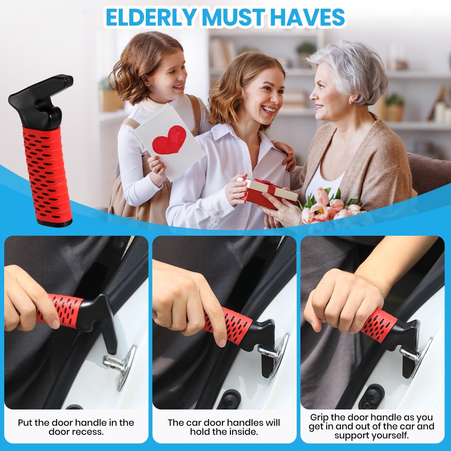 Car Door Handle for Elderly, Car Handle Assist Support, Portable Elderly Assistance Mobility Aids for Getting Out of Car, Auto Grab Cane Nylon Strap for Seniors and Handicapped, Red