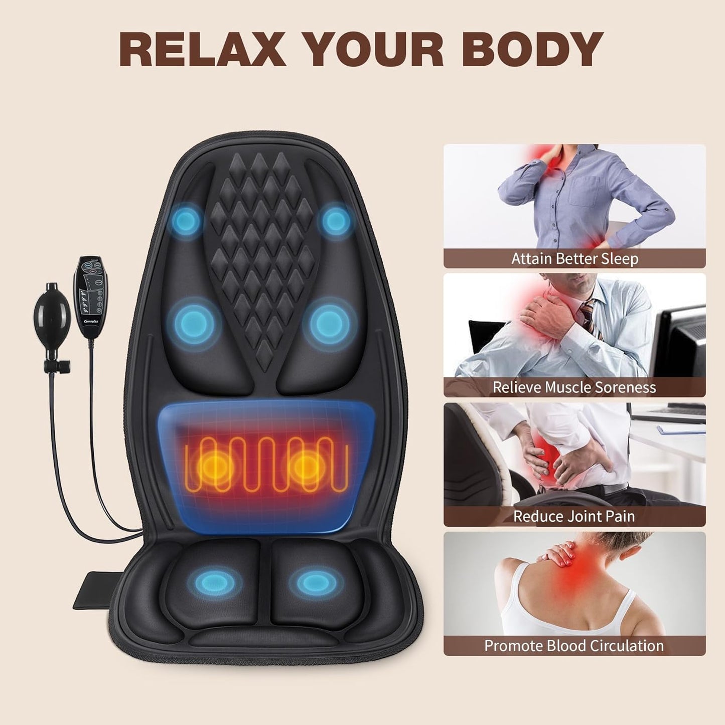 Back Massager with Heat, Massage Seat Cushion with 3D Lumbar Traction, 8 Vibrating Motors Massager Chair Pad for Full Body Pain Relief, and Home Use