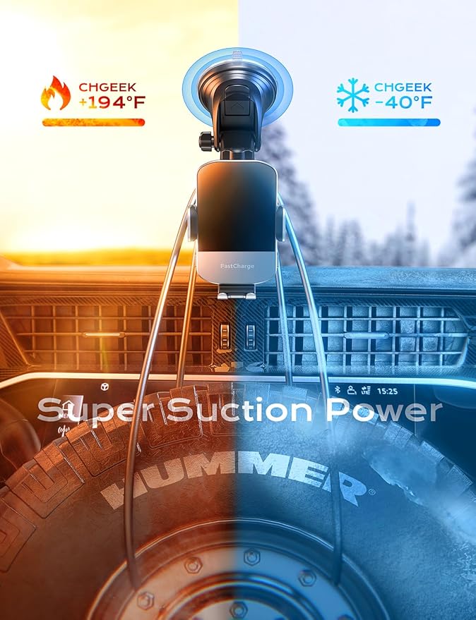 CHGeek Wireless Car Charger, 15W Fast Charging Auto Clamping Car Charger Phone Mount Phone Holder fit for iPhone 15 14 13 12 11 Pro Max Xs, Samsung Galaxy S25 Ultra S24 S23 S22, S21, S20, Silvery