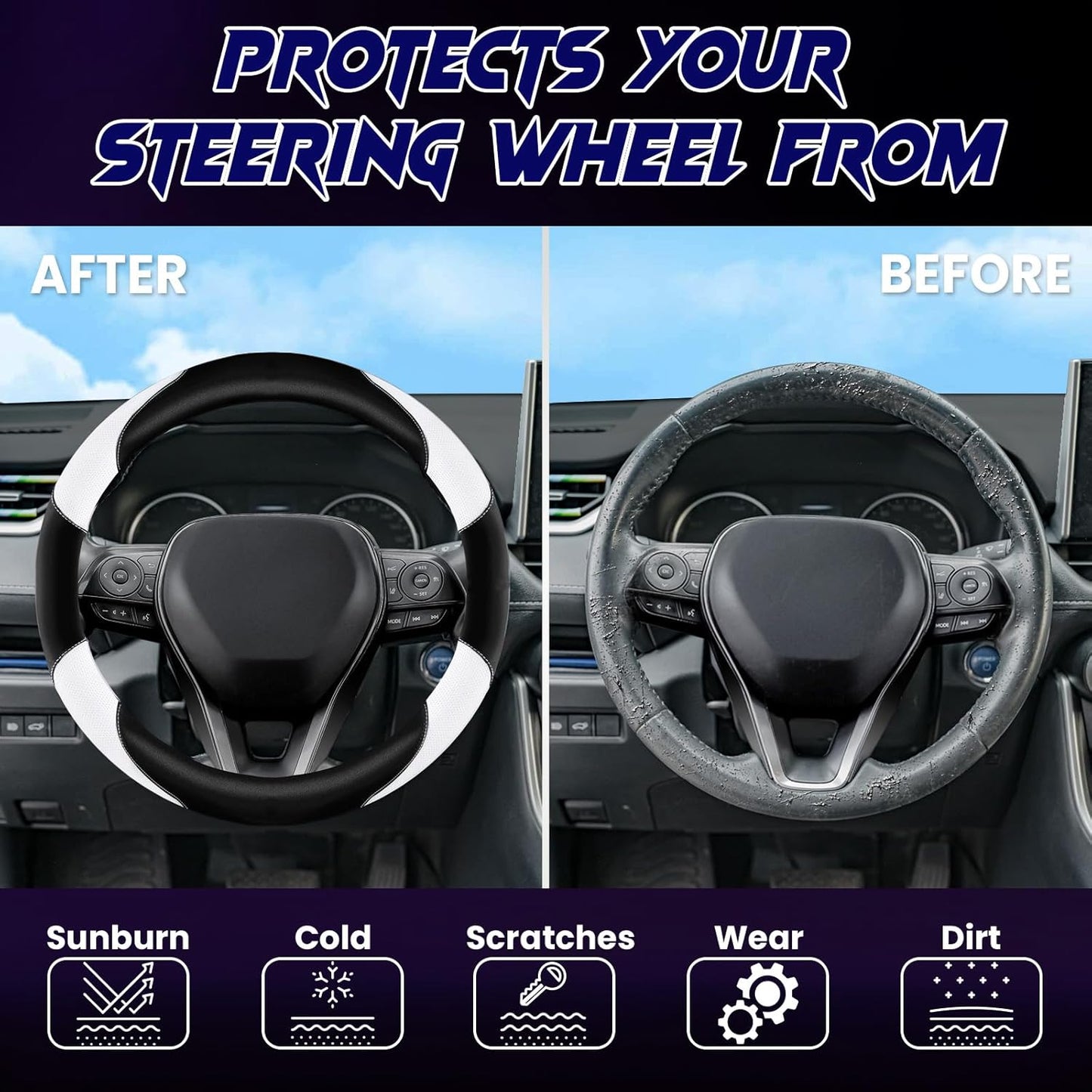 Soft Leather Steering Wheel Cover with Breathable Design and Anti-Slip Grip, Fully Compatible with Tesla, Toyota, Honda, Nissan 14.2-14.96 inch Round Steering Wheel（Sedans and SUVs）