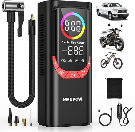 NEXPOW NP17 Portable Air Compressor, 150 PSI Digital Tire Inflator, Fast Inflation with Auto Shut-Off, LED Light, Multiple Nozzles for Car, Bike, and Ball, Compact Design, Red