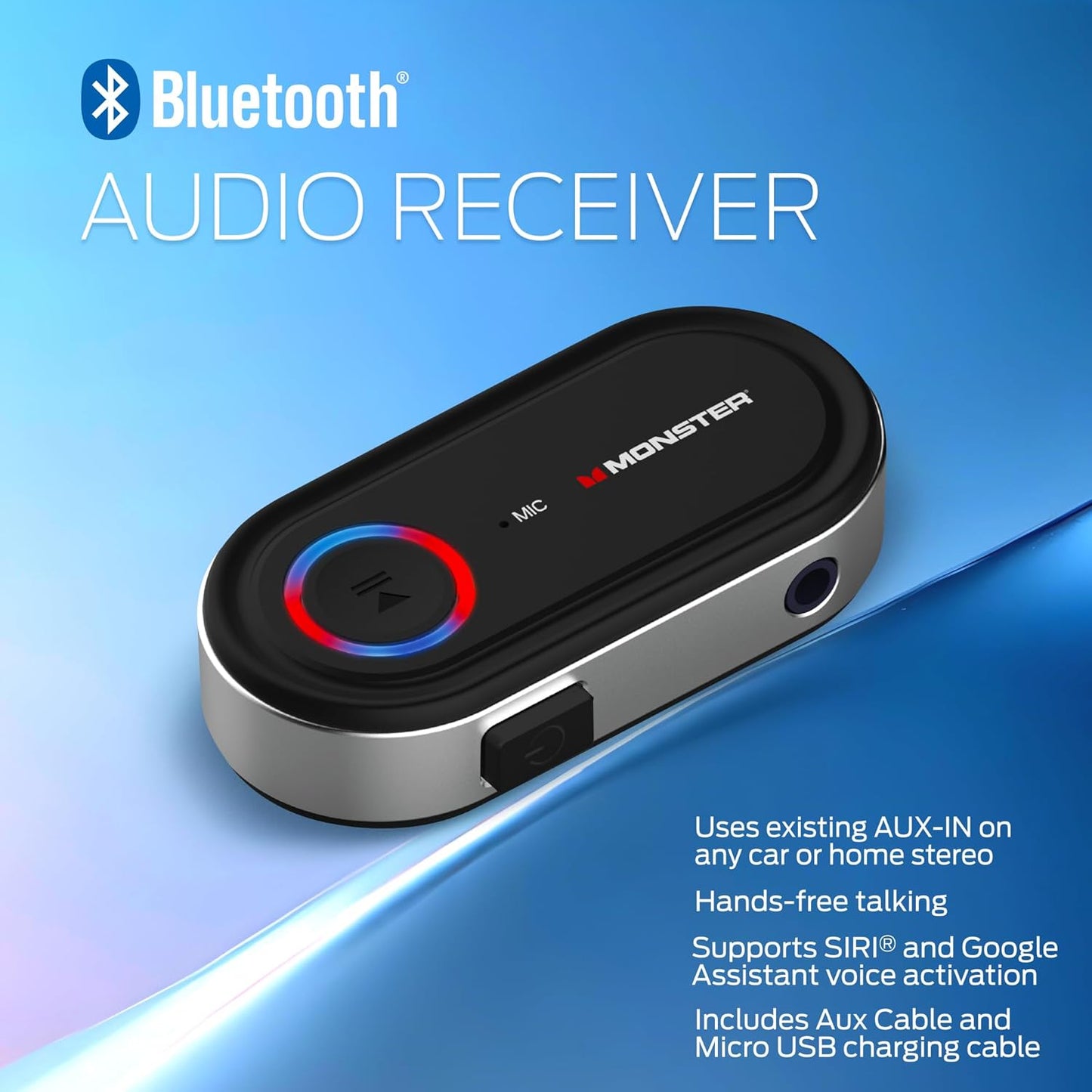 Monster Bluetooth Receiver for Car and Home, Bluetooth Car Adapter Audio Receiver with 3.5mm Aux, Microphone, Google Voice & Siri Compatible, Hands-Free Calls, for Headphones Speakers Vehicles Planes