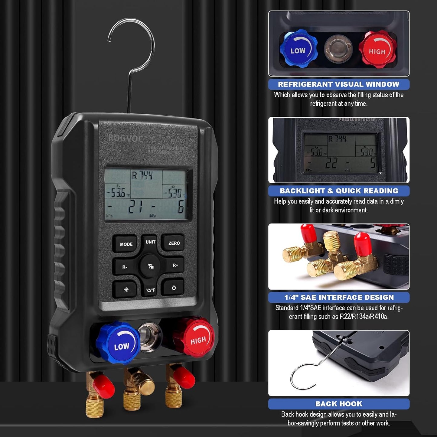 Digital Manifold Gauge, HVAC Refrigerants Digital AC Gauges Set with 2 Thermometer Clamps and 3 Hoses, for R22/R410A/R134A/1234YF Refrigerant Recharge Kit