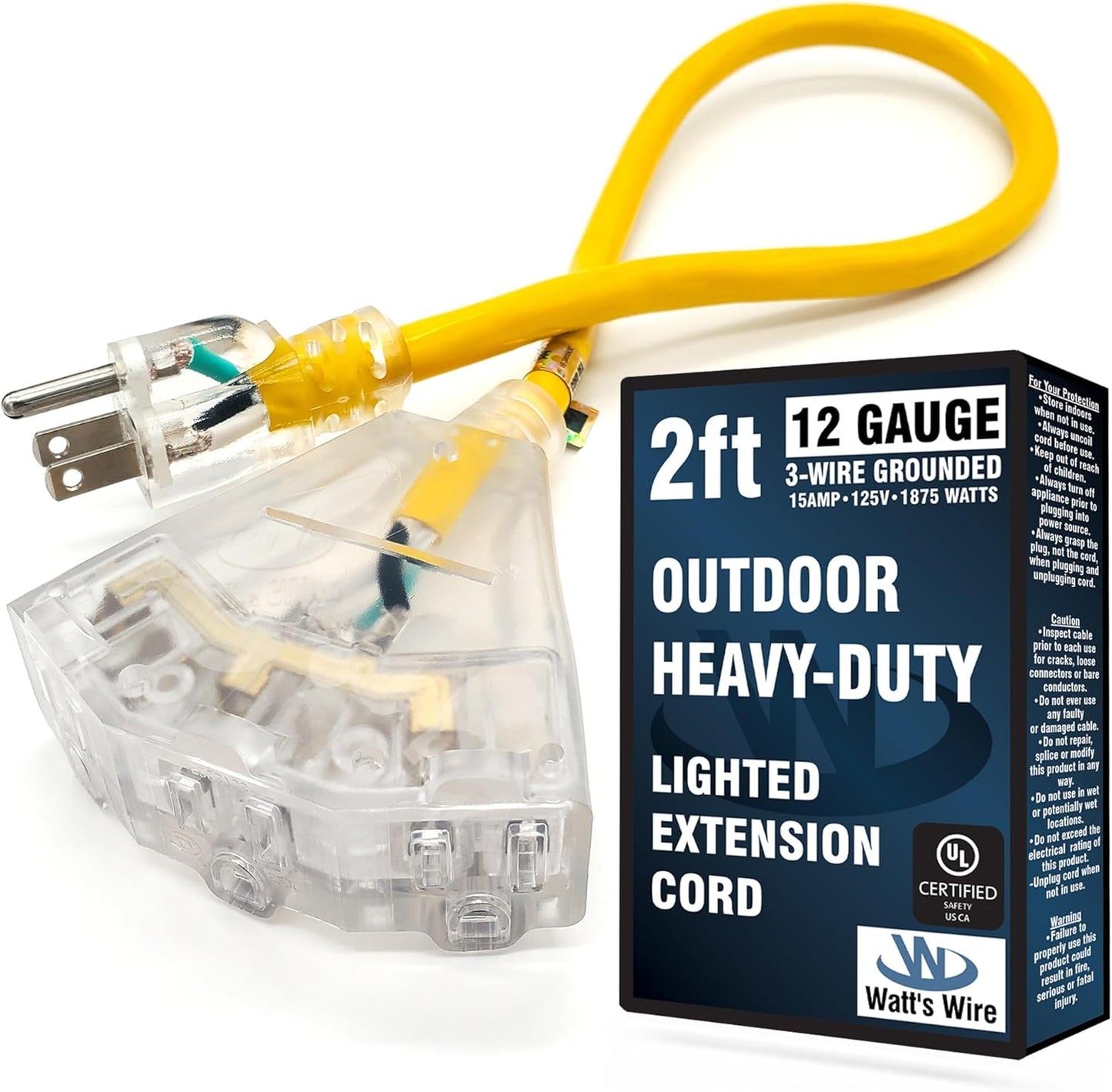 2 ft - 12 Gauge Heavy Duty Extension Cord - 3 Outlet Lighted SJTW - Indoor/Outdoor Extension_Cord by Watt's Wire - 2' 12-Gauge Grounded 15 Amp ExtensionCord Splitter