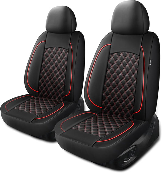 Leather Car Seat Covers,Breathable and Waterproof Napa Leather Automotive Seat Cover,Universal Interior for Cars,Sedans,SUVs,Vans,Trucks(Front Seat,Black+Red,N3)