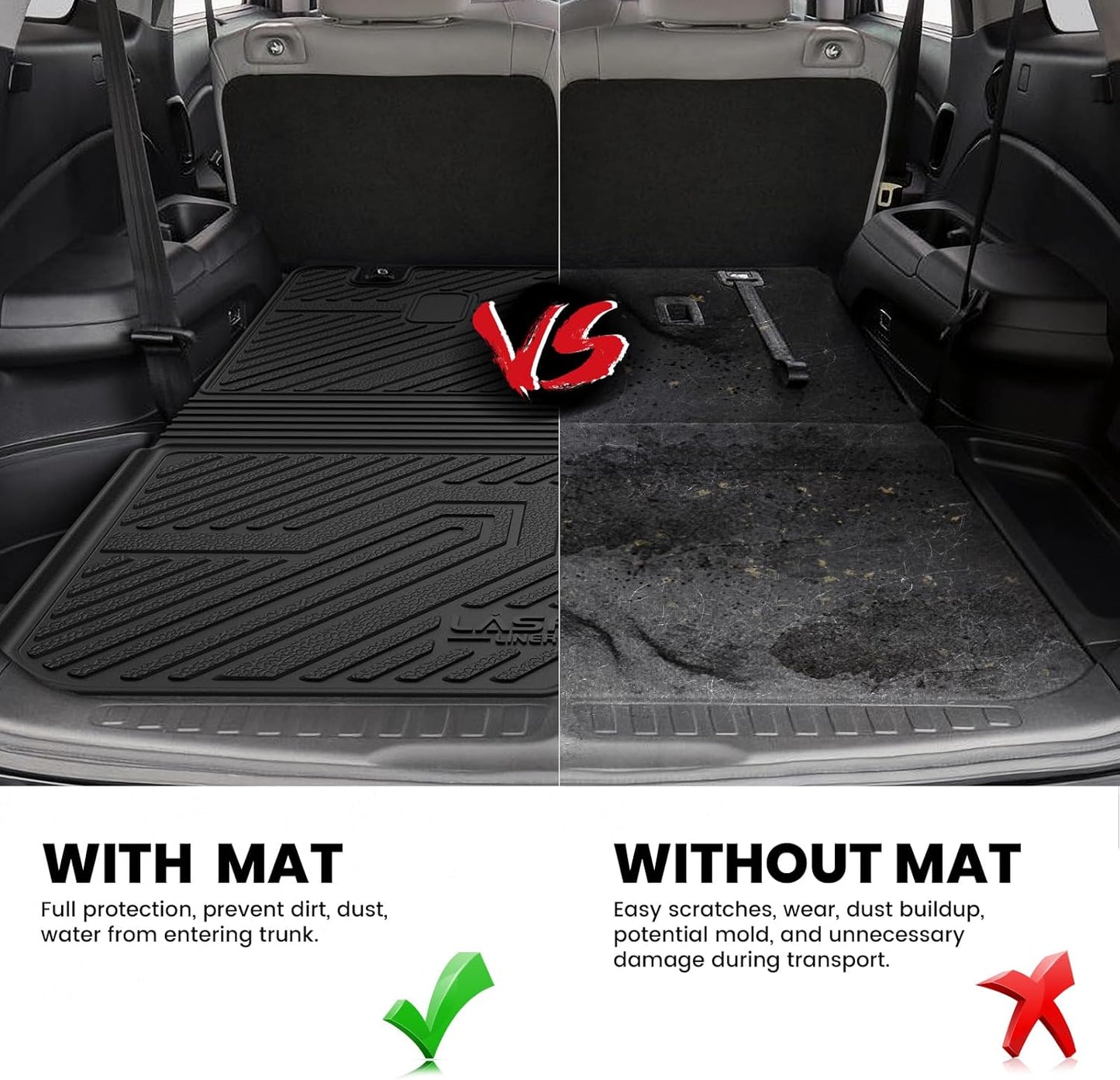 LASFIT Trunk Mat with Backrest Mat for Honda Pilot 2016-2023 2024 2025, All Weather TPE Custom Fit Pilot Cargo Mat Cargo Liner Cargo Tray Trunk Liner Trunk Tray with Seatback Cover, Black