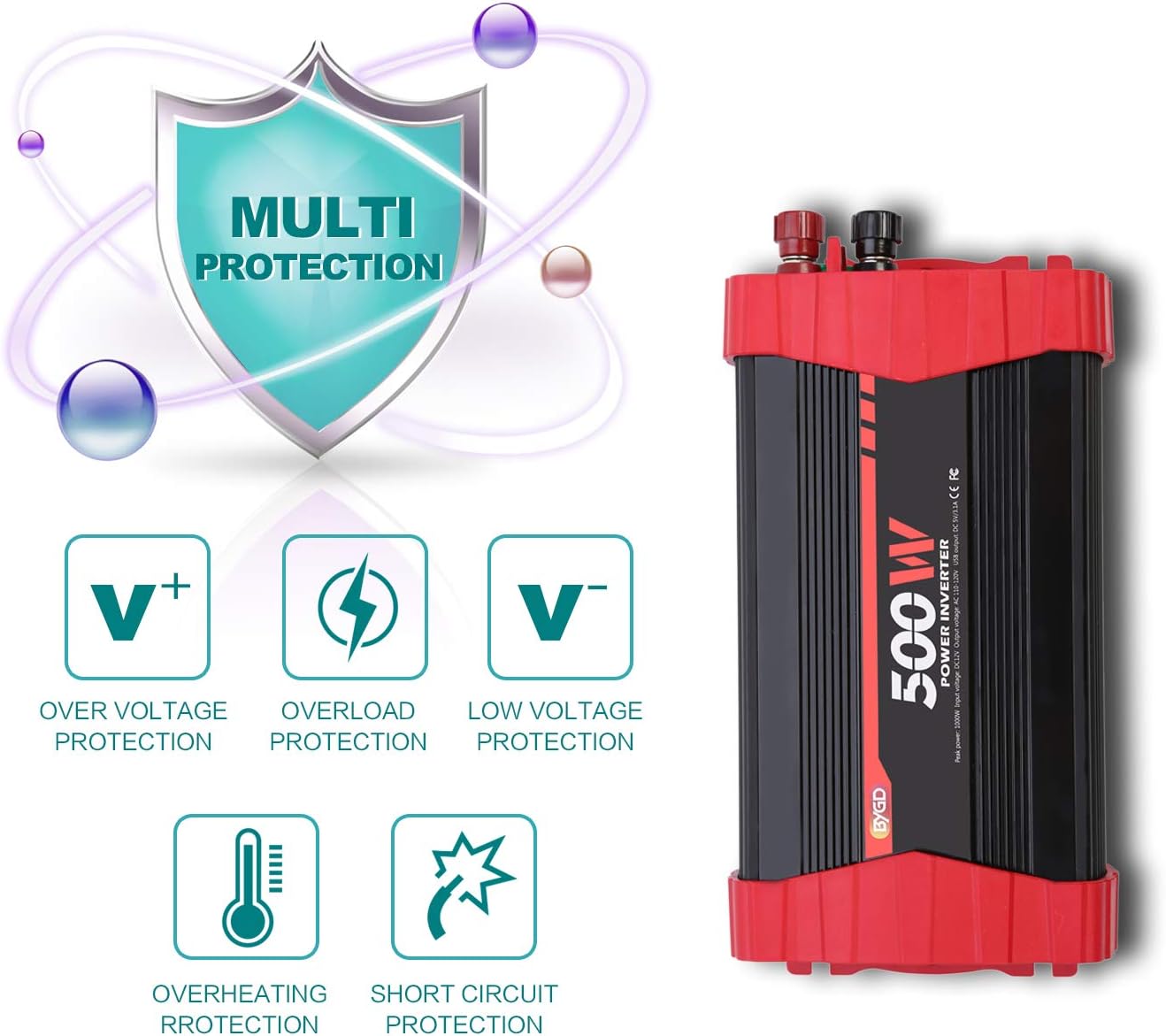 BYGD 500W Power Inverter, Car Charger Adpater DC 12V to AC 110V Car Power Converter 4 USB Quick Charging Ports and Dual AC Outlets Car Charger Adpater with Cigarette Lighter Cable and Battery Clamps