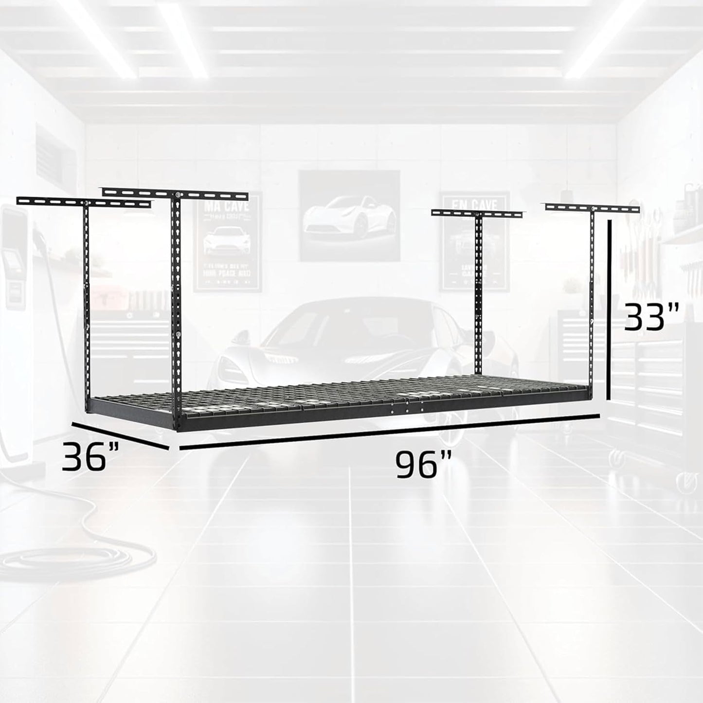 MonsterRax Overhead Garage Storage Racks 3x8’ Ceiling Mounted Shelving, Adjustable Hanging Organizer, Heavy Duty Steel, Holds 500 Pounds, Color: White, Adjustable from 24"-45" off the Ceiling
