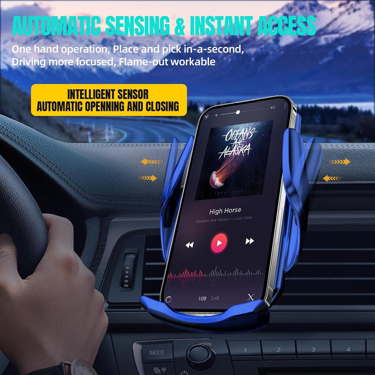 Wireless Car Charger, MAX 15W Fast Charging Auto Clamping, Sensing Phone Holder Mount, fit for iPhone 16 15 14 13 12 Pro Max Xs X, Samsung Galaxy S24 Ultra S23 S22 S21 S20 Note 20 (3-Blue)