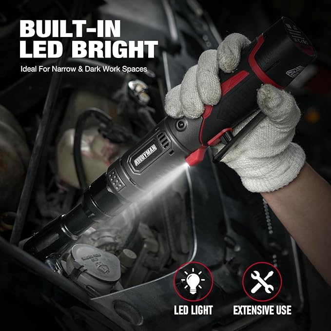 Alloyman 3/8" Cordless Ratchet Wrench Set, 60FT-LBS(80N.m) Electric Ratchet, 12V Extended Power Socket Wrench Set with Variable Speed, 6 Sockets, LED Light, 1/4" Adapter,1/2" Adapter,2 Batteries