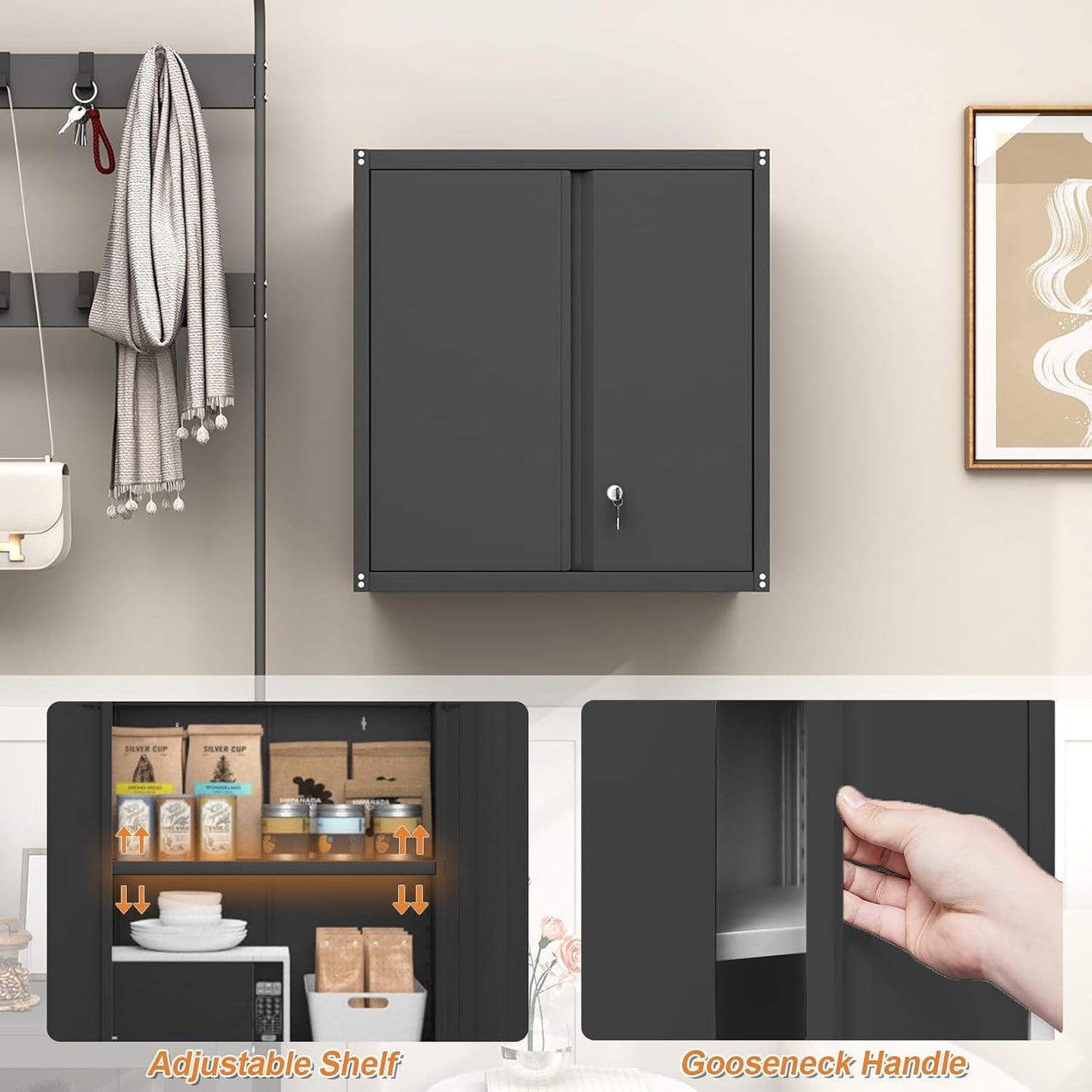 GREATMEET Metal Wall Cabinet, Wall Mounted Cabinet with Doors and Adjustable Shelf, Metal Storage Cabinet with Lock, Wall Cabinet for Garage, Pantry, Utility Room, Black