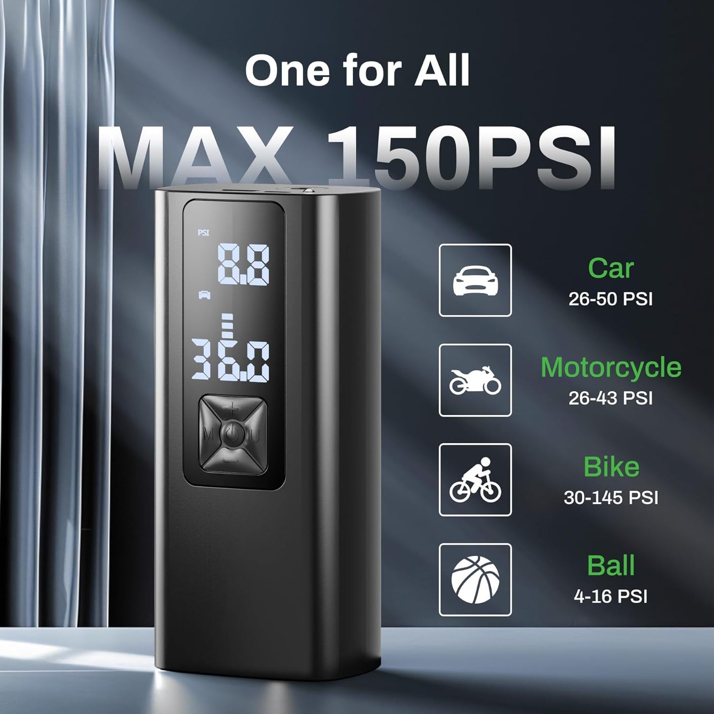 AT003 Tire Inflator Portable Air Compressor, Auto Air Pump for Car Tires, Tire Inflator 150PSI with 6000mAh Battery, Pressure Gauge & LED Screen, Air Compressor for Car, Motorcycle, Bike, Ball