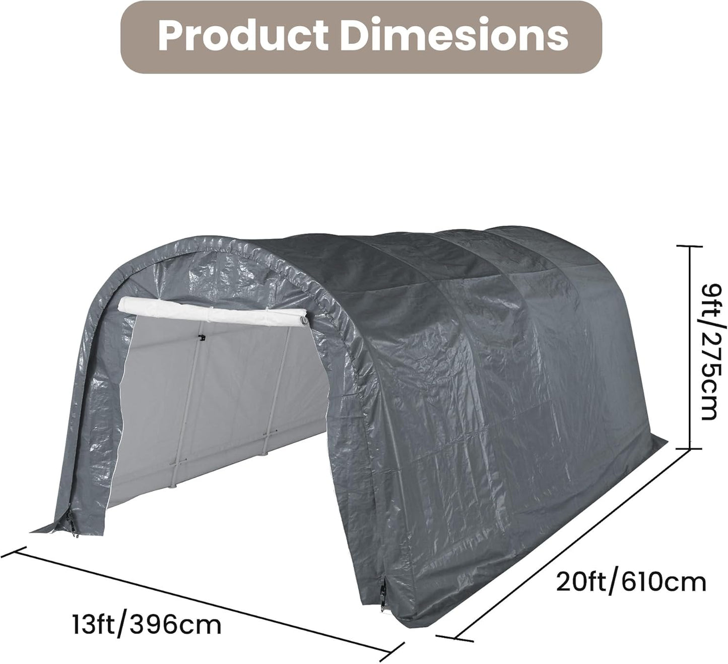 SUNBURY Carport, Round Portable Garage, Outdoor 13x20 ft Heavy Duty Carport, Tensioner and 2 Roll Up Doors Waterproof PE Fabric Car Port, Garage, Storage Shed, Tent for Storage, SUV, Grey