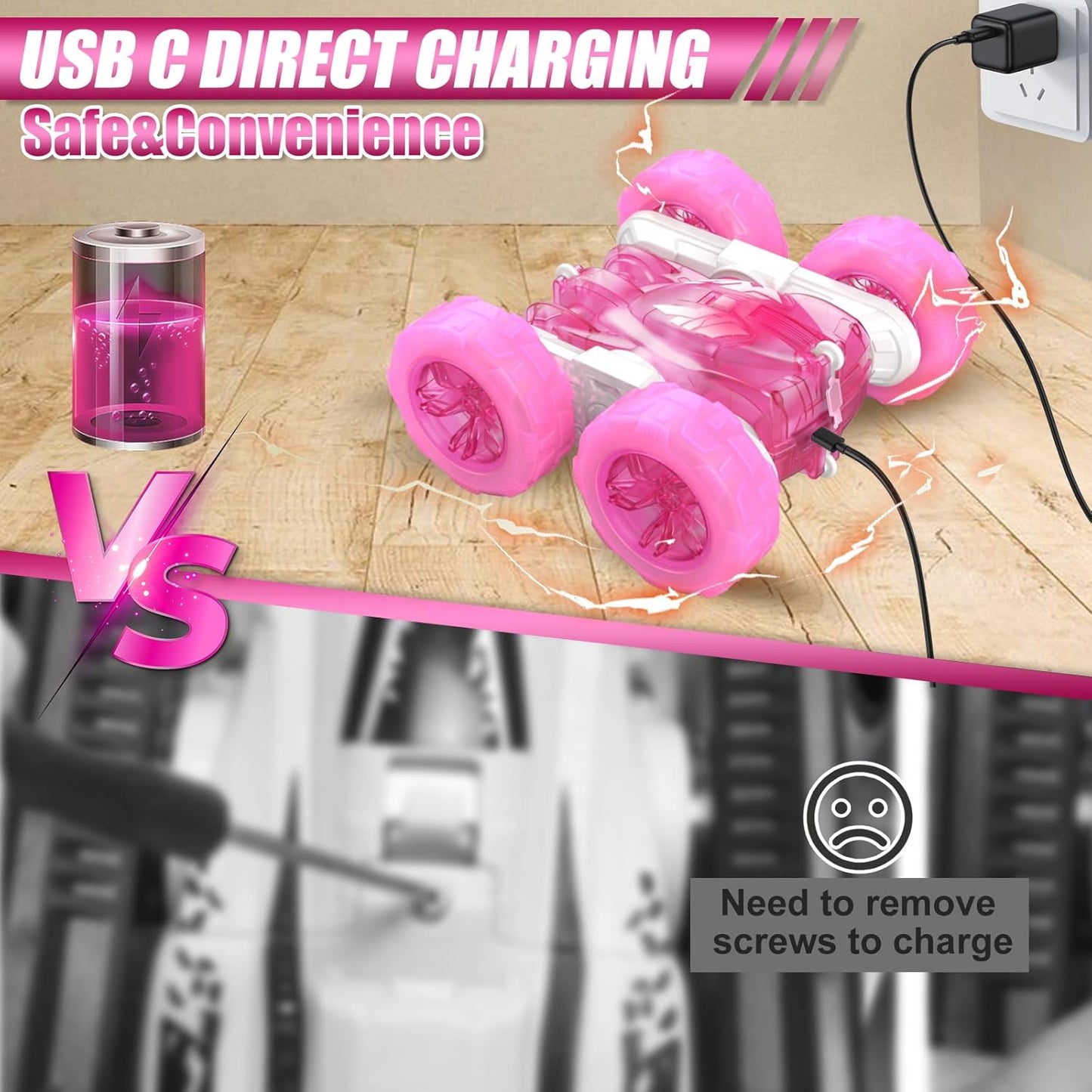 Pink Remote Control Car for Girls Rechargeable Fast Direct Charging RC Cars for Kids with Colorful Light,Double-Sided 360° Rotating RC Stunt Car 4WD RC Car Toys for Ages 5-7 Gift for Girls Aged 6-12