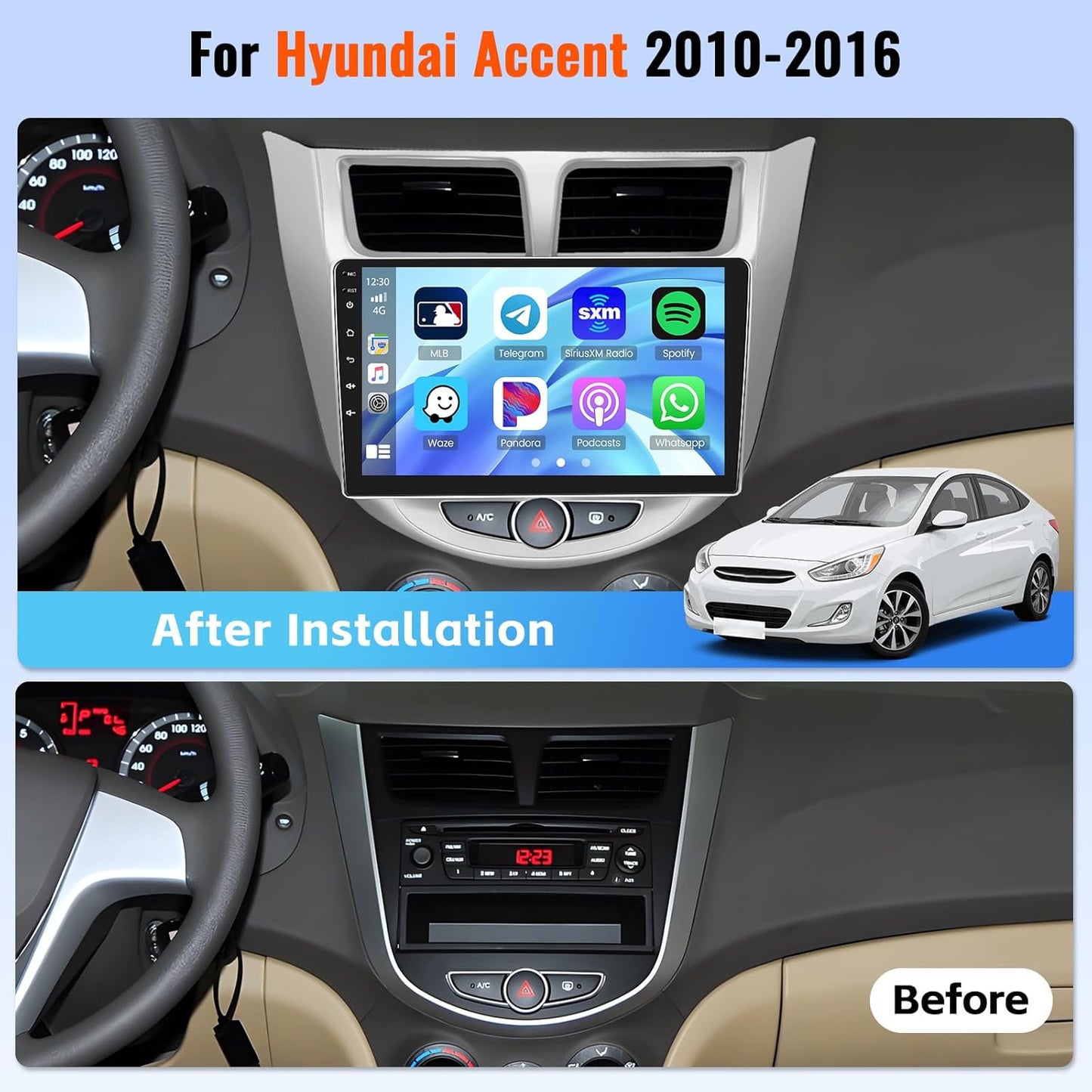 [2+64GB] Android 15 Car Stereo for Hyundai Accent 2010-2016 with Wireless CarPlay Android Auto, 9 Inch Touch Screen Car Radio for Accent with GPS WiFi, Bluetooth FM/RDS EQ 26UI AHD Rear Camera