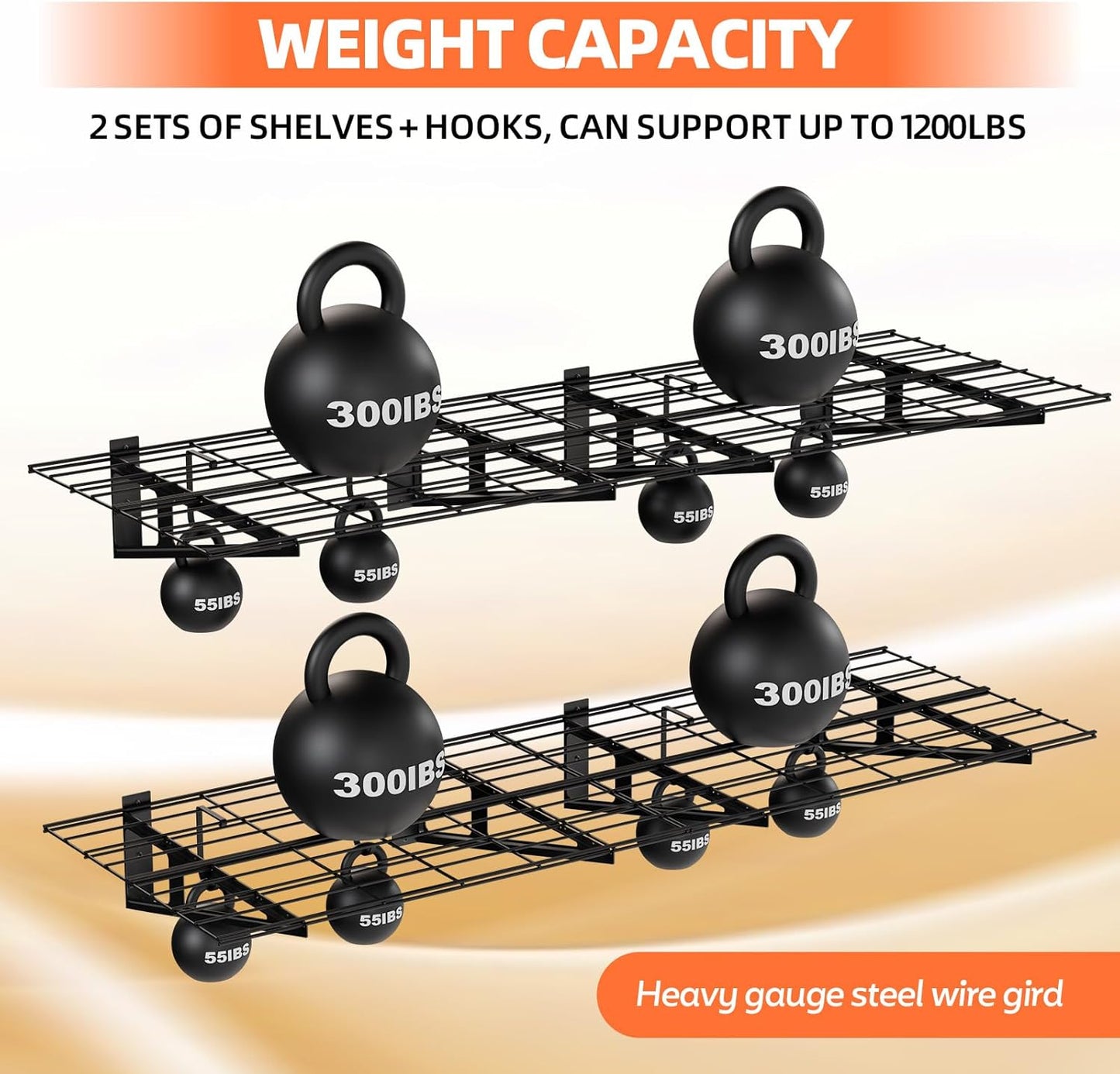 2-Pack 2x6ft Garage Wall Shelf, 72 inch Floating Shelf with 8 Bike Hooks, 1200 lbs Load Capacity Storage Shelves, Heavy Duty Metal Wall Mounted Shelves for Kitchen Laundry Workplace