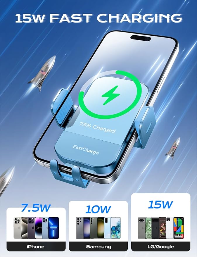 CHGeek 15W Fast Charging Auto Clamping Car Charger Phone Mount Phone Holder (Cyan)