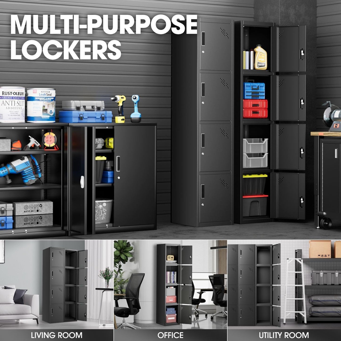 DNA MOTORING Metal Storage Cabinet for Employees with Keys, 71" Employees Metal Locker with 4 Doors, Tall Storage Lockers for Garage,Office,Home,Gym, Black, TOOLS-00790-BK-BK