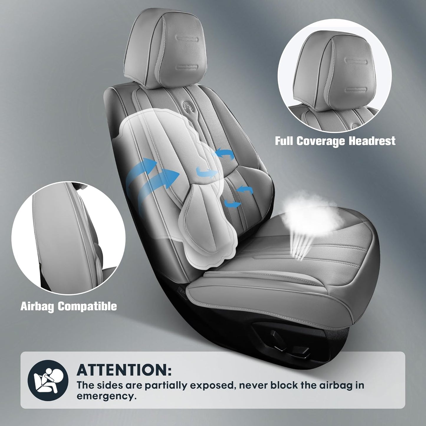 AOOG Front Seat Covers, Car Seat Covers Front Seats, Leather Seat Covers for Cars, Waterproof Seat Covers with Lumbar Support Universal Fit for Most Cars SUV Trucks(Front Pair, Grey)