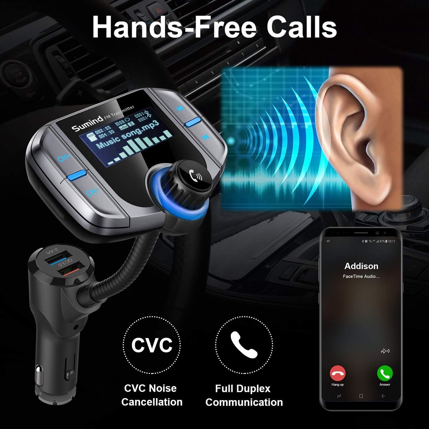 Upgraded Bluetooth FM Transmitter, Wireless Radio Adapter Hands Free Car Kit with 1.7'' Display, QC3.0 and Smart 2.4Amp Dual USB Ports, AUX Input/Output, TF Card Mp3 Player (Normal, Sliver Grey)