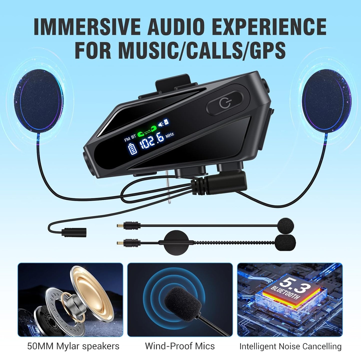 Motorcycle Helmet Bluetooth Headset, C6 Helmet Speakers with 2 Type Mics, Intercom/Hands-Free Call/Music/Waterproof/Noise Cancellation/Wake Up Siri, Suitable for Motorcycles, Skiing, and Cycling