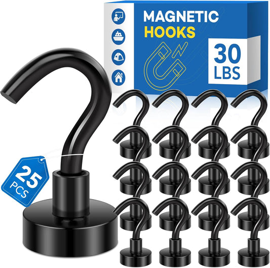 LOVIMAG Magnetic Hooks, 30Lbs Strong Magnetic Hook for Cruise, Magnet Hooks for Hanging, Classroom, Fridge, Refrigerator, Ceiling, Office, Kitchen. Grill, Garage- 25 Pack