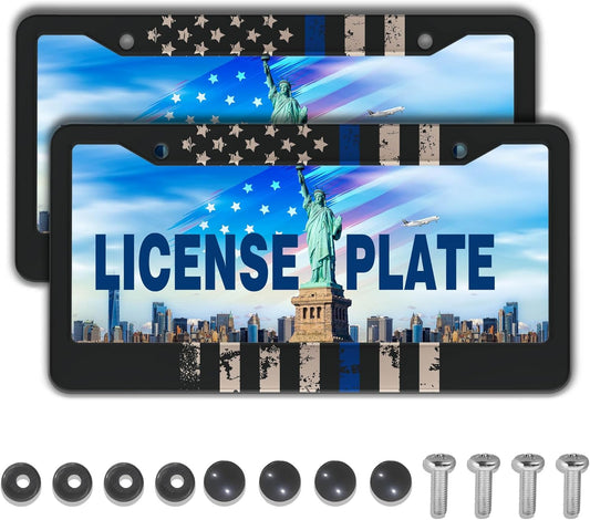 License Plate Frames Black, White, and Blue Car Plate Frames Thin Blue Line USA Flag Universal Aluminum Car Accessory 2 Pack with Screw Covers Set