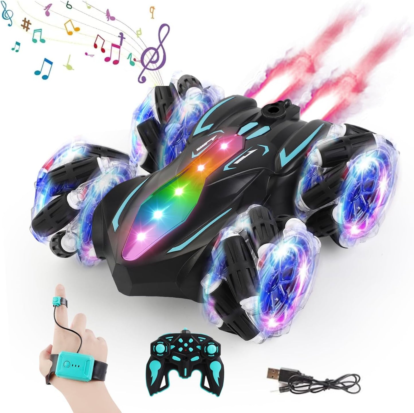 Upgraged Gesture Sensing RC Stunt Car with Lights & Music, Hand Gesture Remote Control car Toy with 360° Spins Gesture RC Spray Car Birthday Toys Gifts for 6 7 8 9 10 Year Old Boys