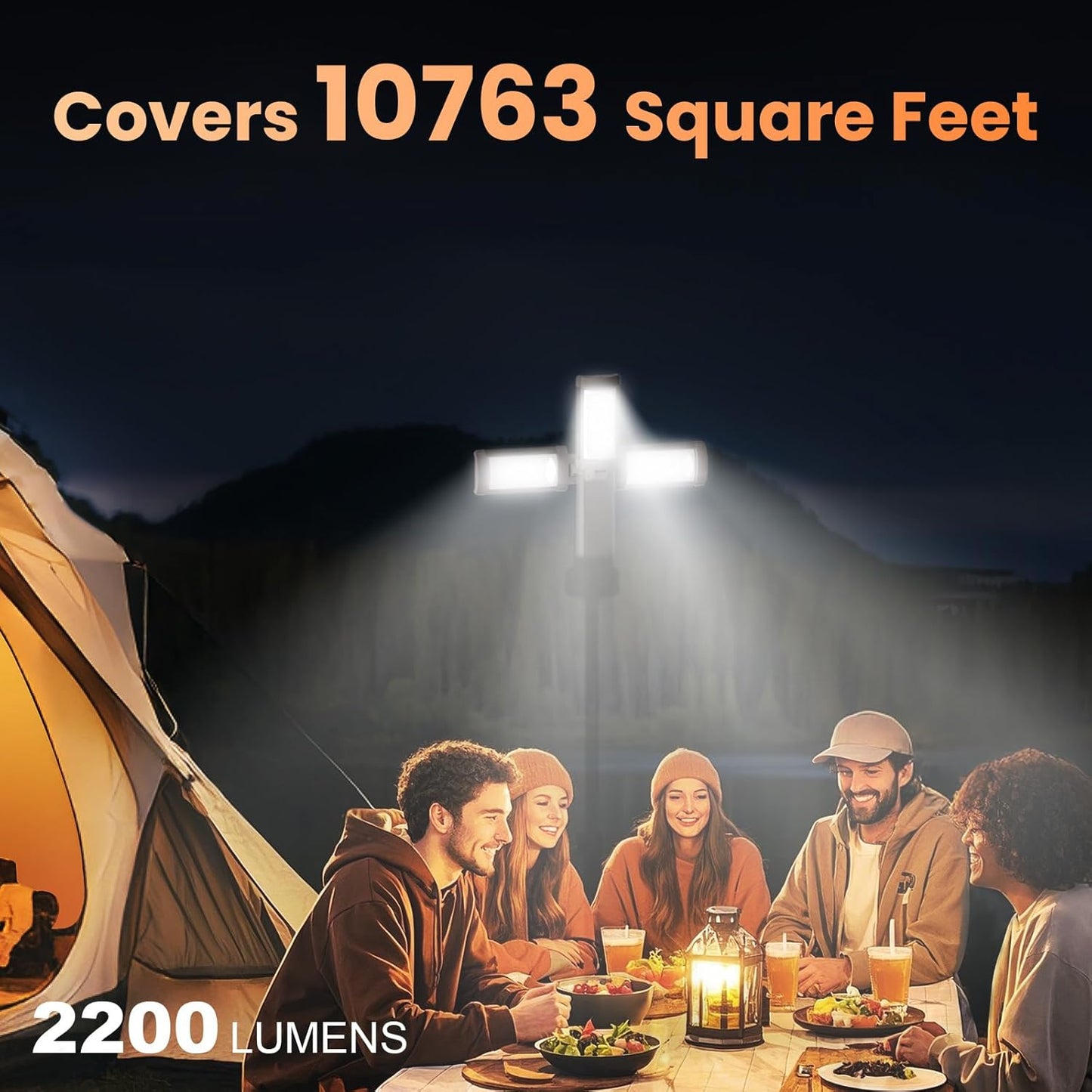 CAVN Rechargeable 10000mAh Camping Lights with Stand 6.5 ft Max Height, Portable Cordless LED Work Light 2200 Lumens 6500/4500/3500K Dimmable Camping Essentials Gear with Detachable Tripod, Black