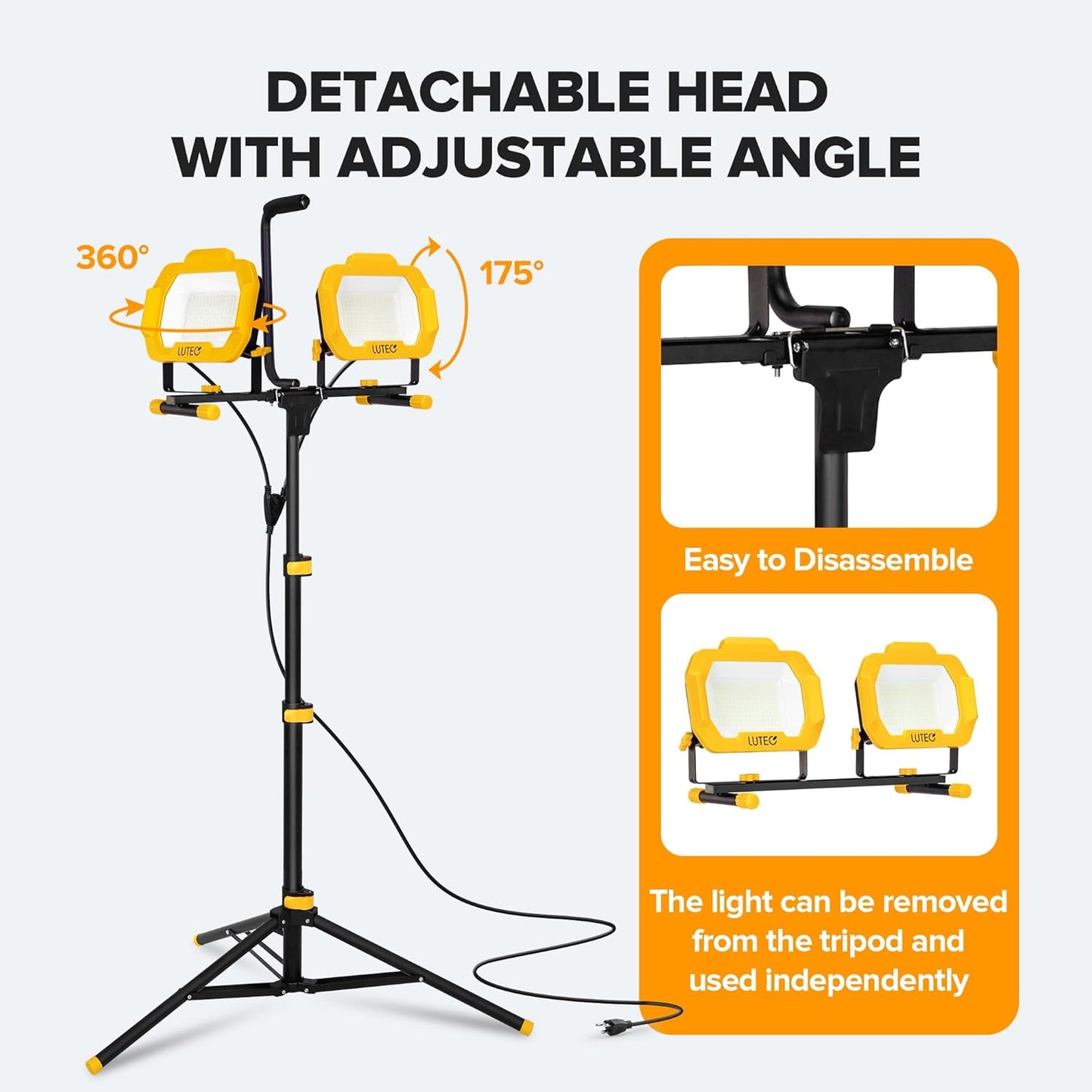 LUTEC 25000 Lumen LED Work Lights with Stand, Dual Head Dimmable Work Light with 6 Brightness Levels, IP65 Waterproof Rotating WorkLights with Telescoping Tripod and 8.2 Ft 3-Prong Power Cord