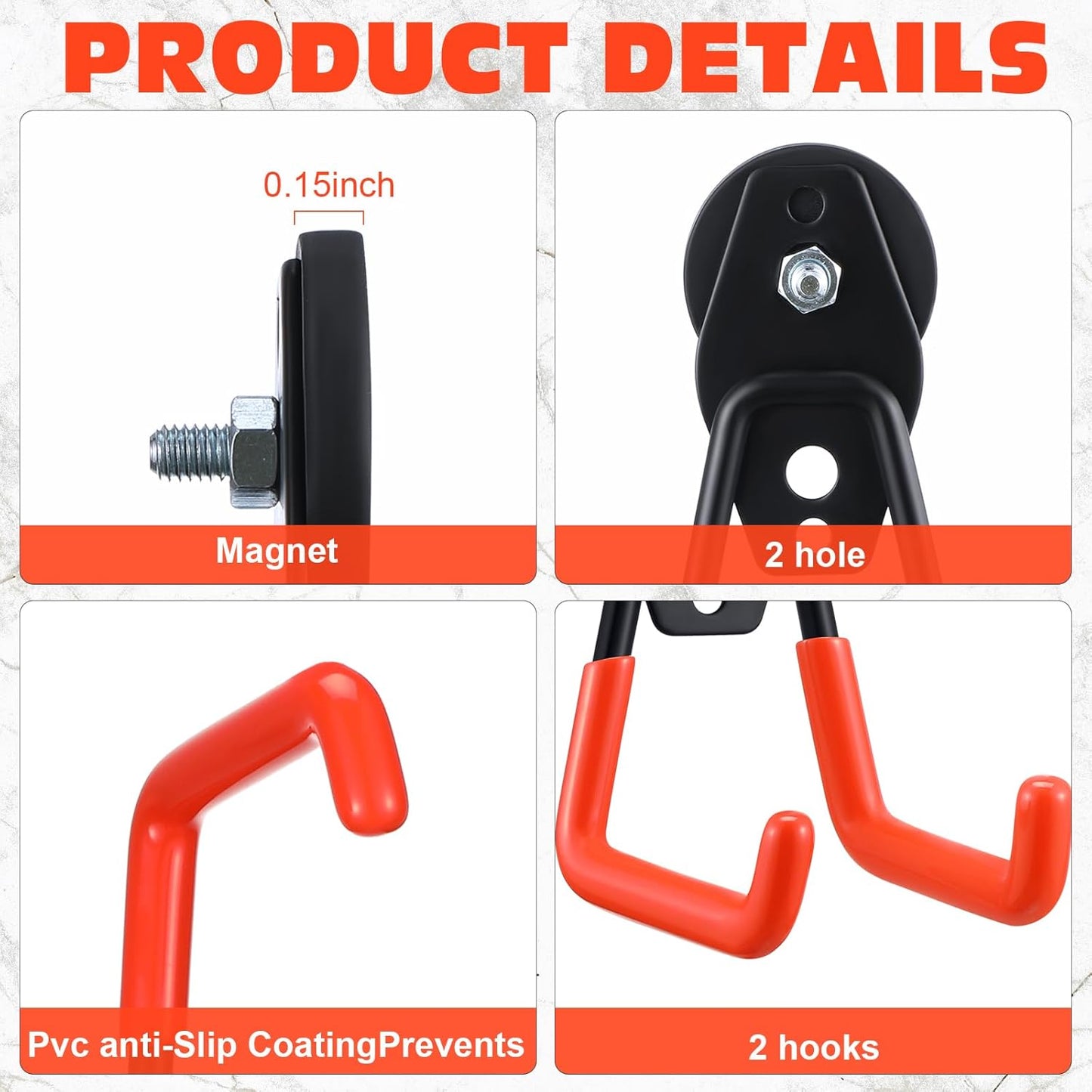 Landhoow Large Magnetic Hooks Heavy Duty Garage Magnet Hooks Strong Storage Utility Magnetic Hangers with Anti Slip Rubber Coating for Indoor and Outdoor Hanging(Orange,4 Pcs)