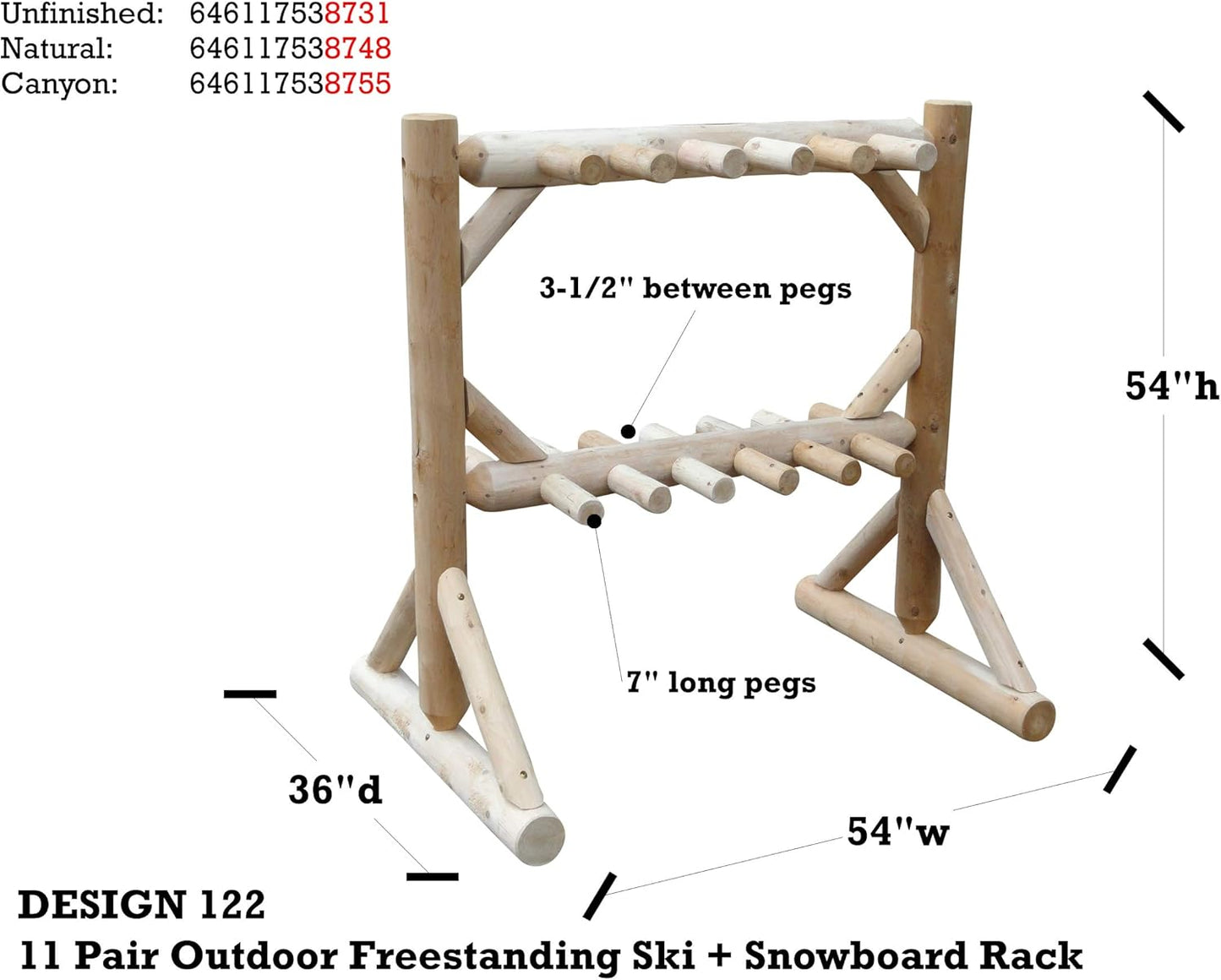 11-Place Freestanding Log Ski Rack Holder, Indoor & Outdoor Snowboard Racks, Standing Storage, Garage Racks for Snow Skis, Durable Snowboard Rack Garage Storage Organizer - Unfinished