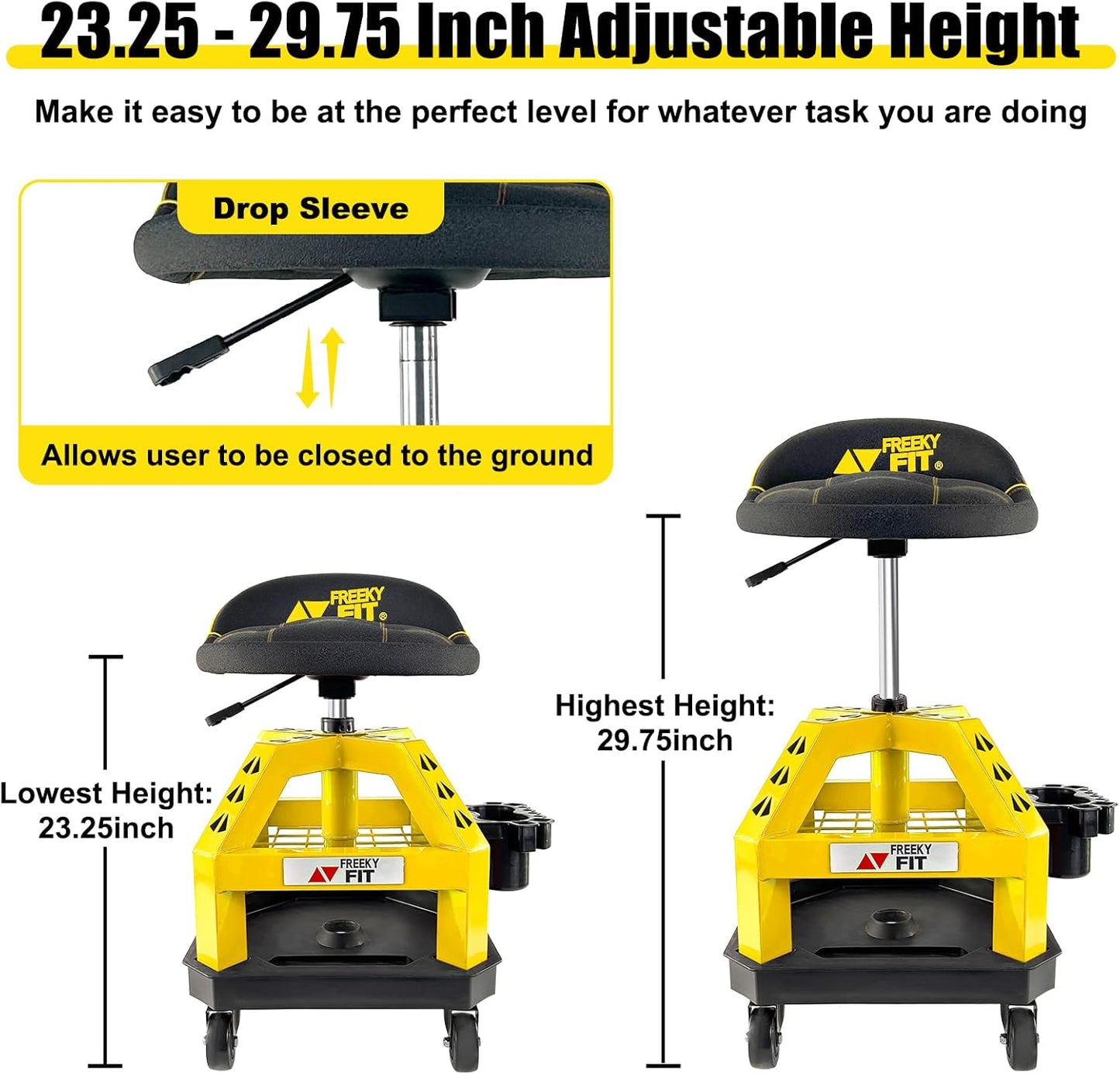 Rolling Shop Stool for Garage with Casters, DO02-Adjustable Height 360° Swivel Shop Seat with Tool Tray Storage, 330 LBS Capacity Padded Mechanic Stool, Yellow