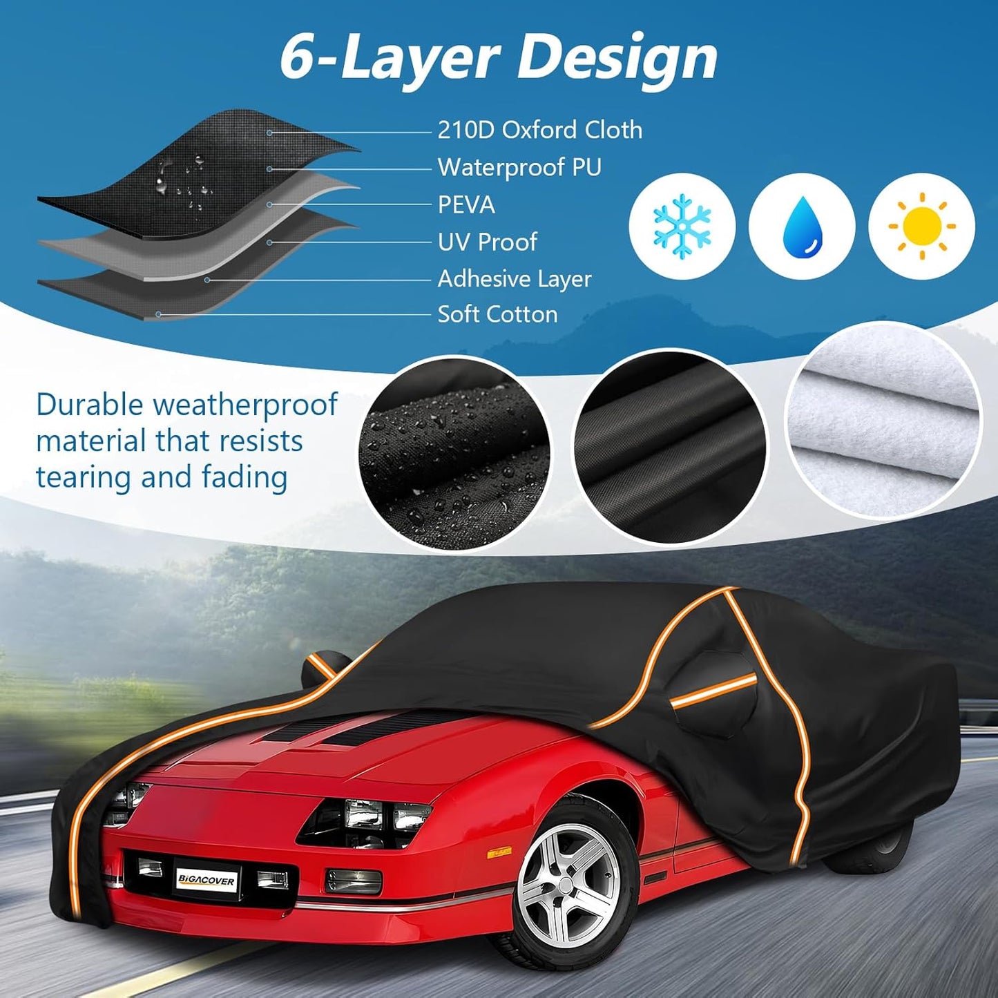 Car Cover for Chevy Camaro 1982-2002, Waterproof 210D Oxford Cloth and Cotton Cover Outdoor Full Car Covers with Zipper Windproof Heavy Duty All Weather with Wind, Sun, UV and Dust Protectio