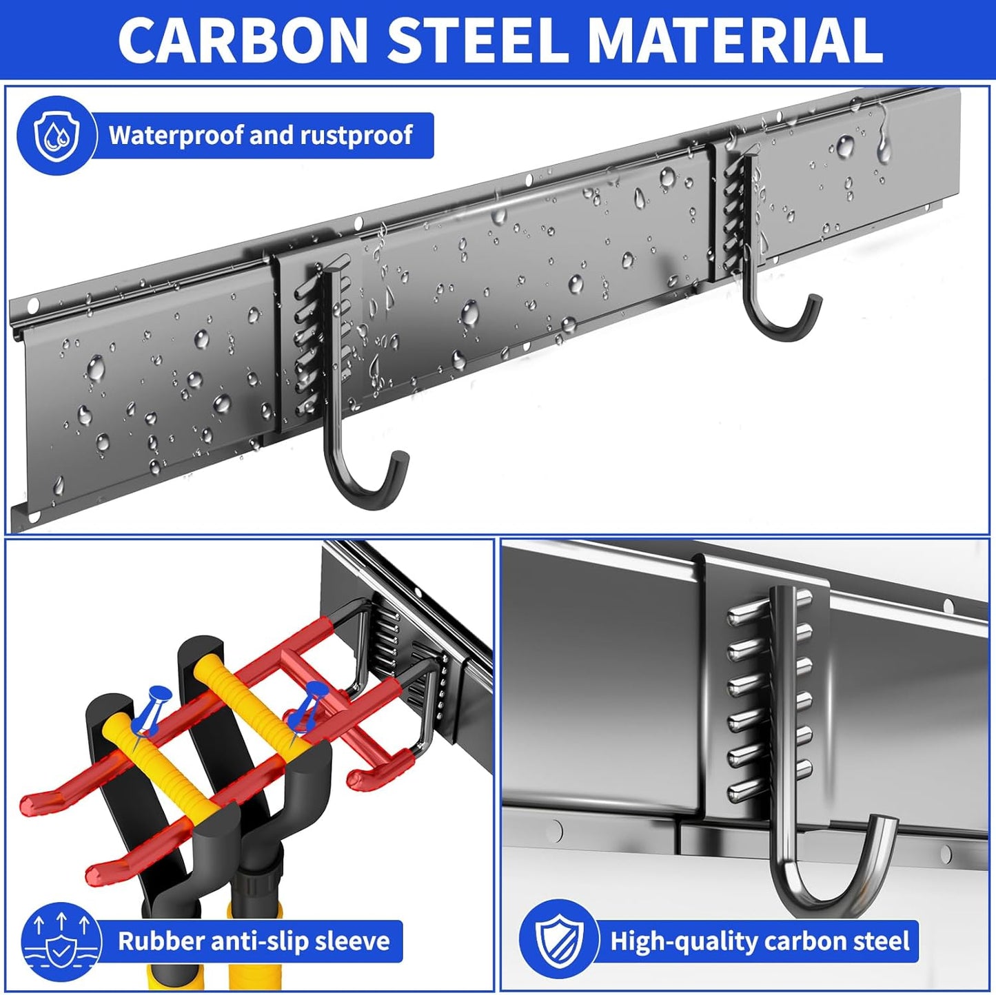 Garage Organization Tool Organizer Wall Mount, 32inch Heavy Duty Garden Tool organizer Storage System, Easy Install With 6 Adjustable Hooks, For Garage, Basement, Shed, Workshop(Black)