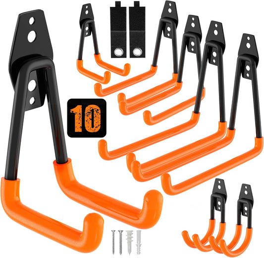 QcoQce 10 Pack Garage Hooks Heavy Duty, Wall Mount Utility Hooks for Hanging Hose, Rake, Shovel and Garden Tools, Anti-Slip Coating, Garage Organization with Screws Included (Orange)