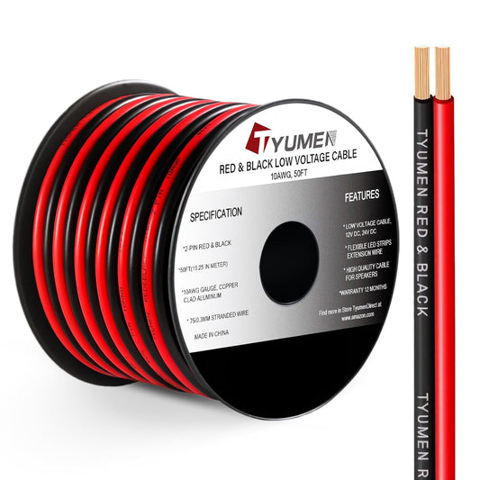 10 Gauge Wire 50FT, 10AWG Red Black Electrical Wire LED Strips Extension Cord 12V/24V DC Cable, 10 AWG 2 Conductors Flexible Low Voltage Wire for in-Home, Autos, Speaker use