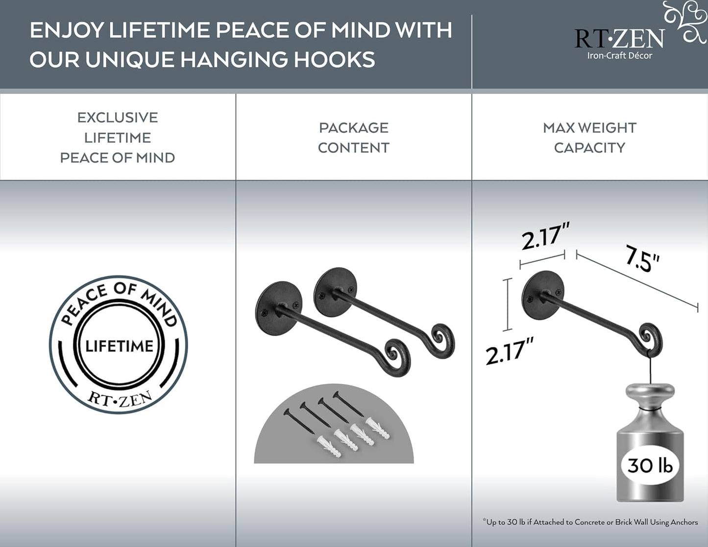 RTZEN Plant Hangers Outdoor or Indoor - Wrought Iron Metal Hanger Indoor Hook - Heavy Duty Wall Bracket Hooks for Hanging Plants Baskets Lanterns Wind Chimes - 2 Pack (Black Swirl Hooks)