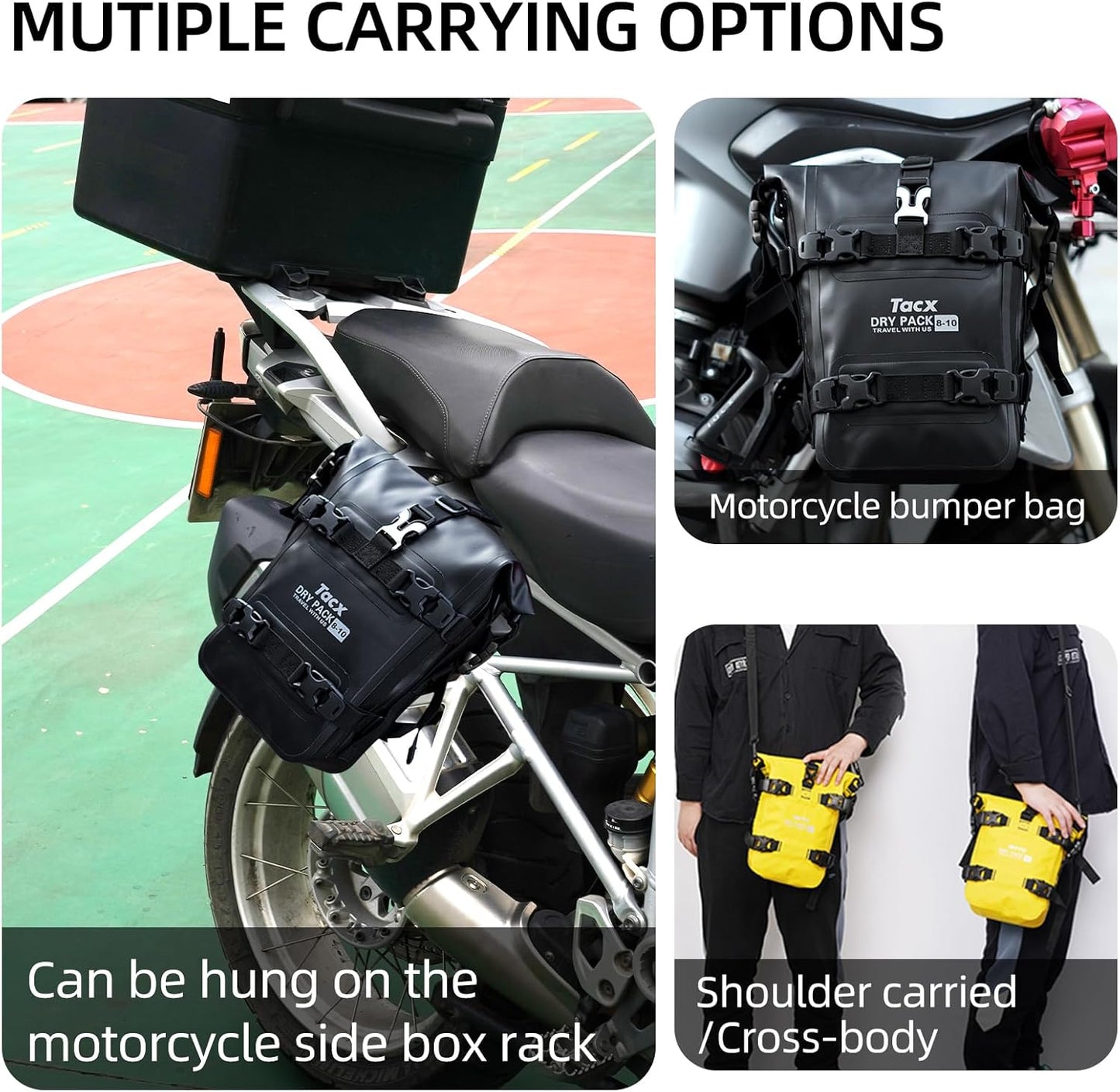 Motorcycle Tail Bag Front Bumper Bag, 12L Roll-top Waterproof Motor Saddle Panniers Luggage Bags for Motorcy-Black(12L)