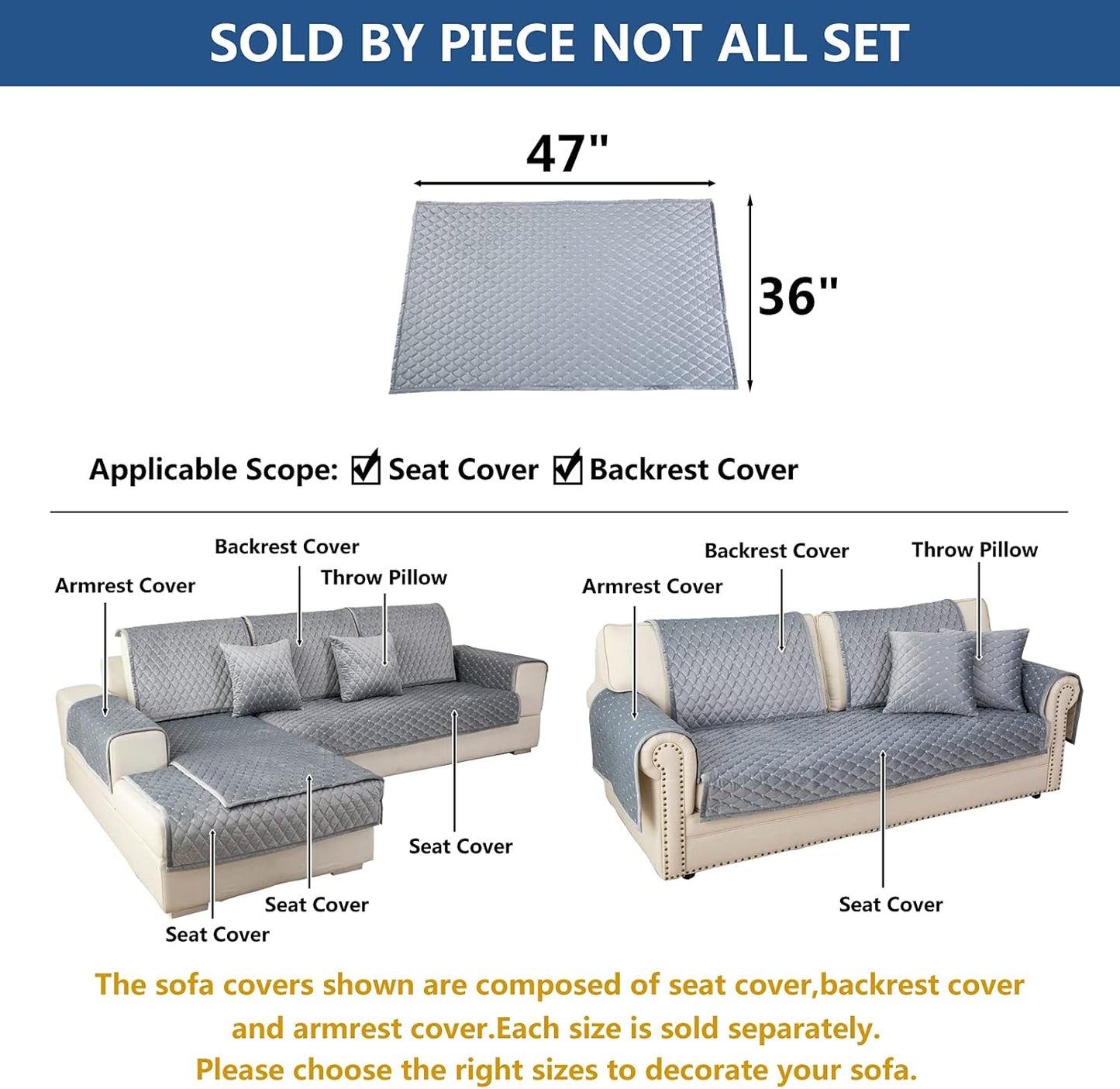 Eismodra Couch Cover,Sectional Couch Covers,Sofa Covers for 3 Cushion Couch,Anti-Slip Sofa Slipcovers for Dogs Cats Kids Loveseat Recliner L Shaped Armrest Backrest,Light Gray 36''x47''(Only 1 Piece)