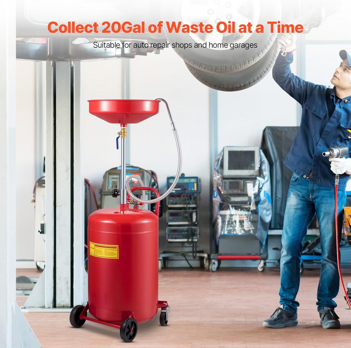 VEVOR 20-Gallon Waste Oil Drain Tank, Air Operated Portable Oil Drainer with Adjustable Funnel Height, Fluid Fuel Transfer Drainage with Wheels, Oil Change Container for Auto Repair Shops, Garages