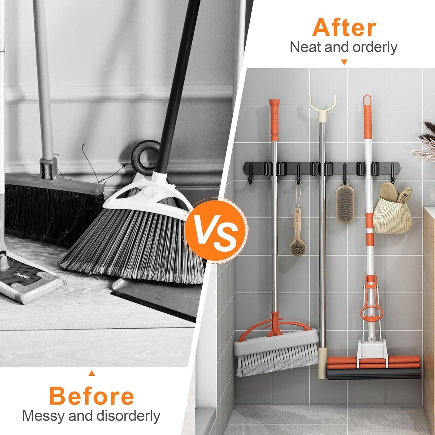 Mop and Broom Holder Wall Mount, Upgraded Broom Organizer Wall Mount, Stainless Steel Broom Hanger Wall Mount for Kitchen Garden Laundry Room Decor (3 Racks with 4 Hooks Black)