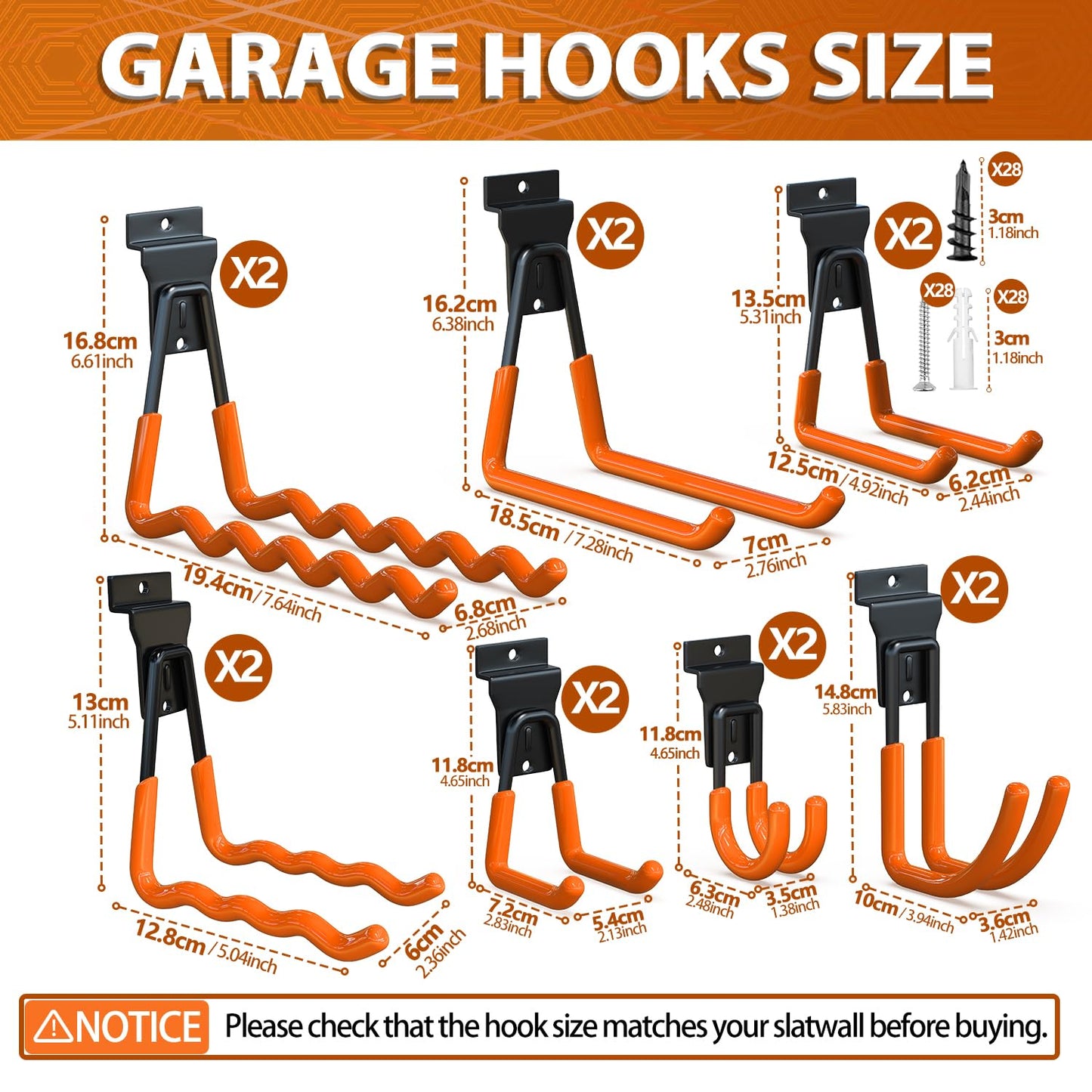 3-H Slatwall Accessories 14 Pack, Slatwall Hooks & Hangers 7 Sizes, Slat Wall Hanging Hooks, Proslat Accessories for Garage Wall Panels Organzing Garden Tools Chairs Ladder(Orange)