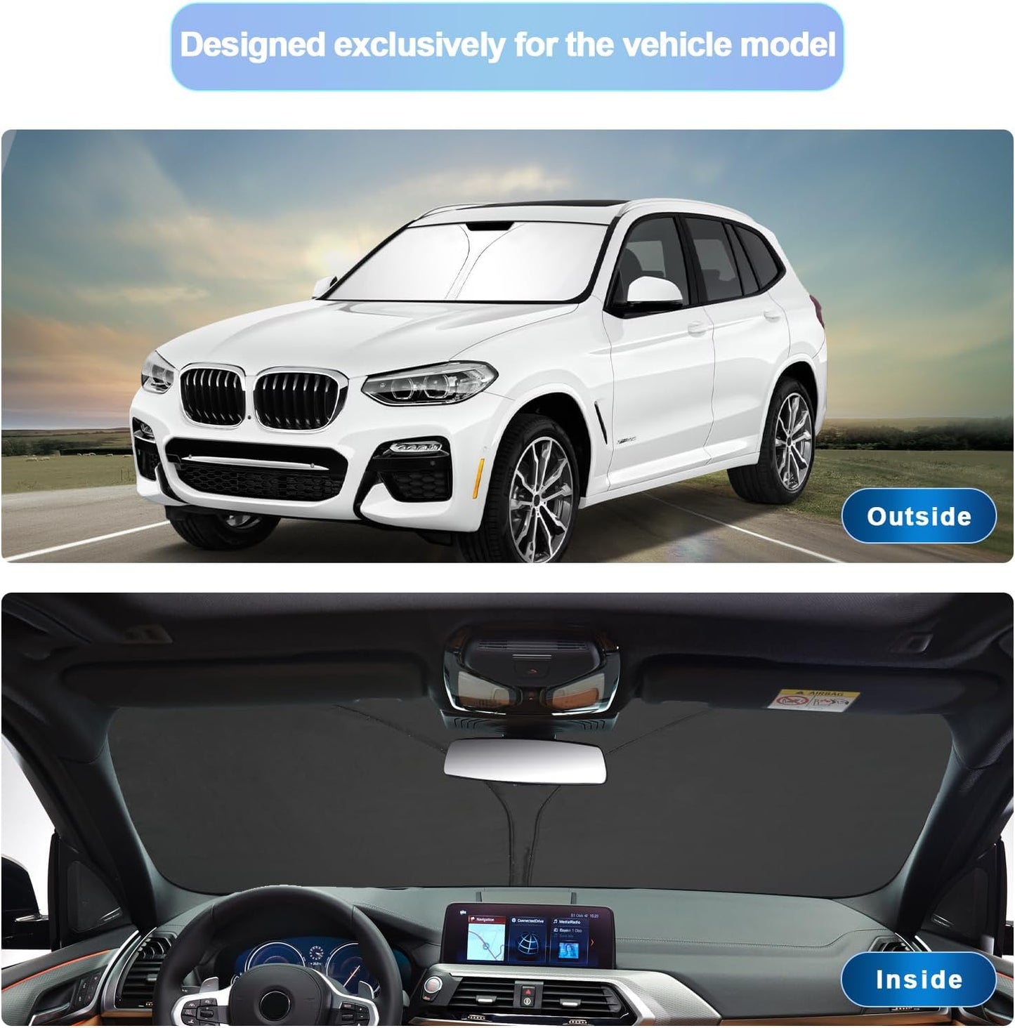 SXCY for 2018-2023 2024 BMW X3 Windshield Sunshade for 2021-2023 2024 X3 30i/M40i/M Accessories 2023 2024 X3M Sun Shade Foldable Sun Shield 2022 2023 2024 X3 Sun Protector Block UV Ray