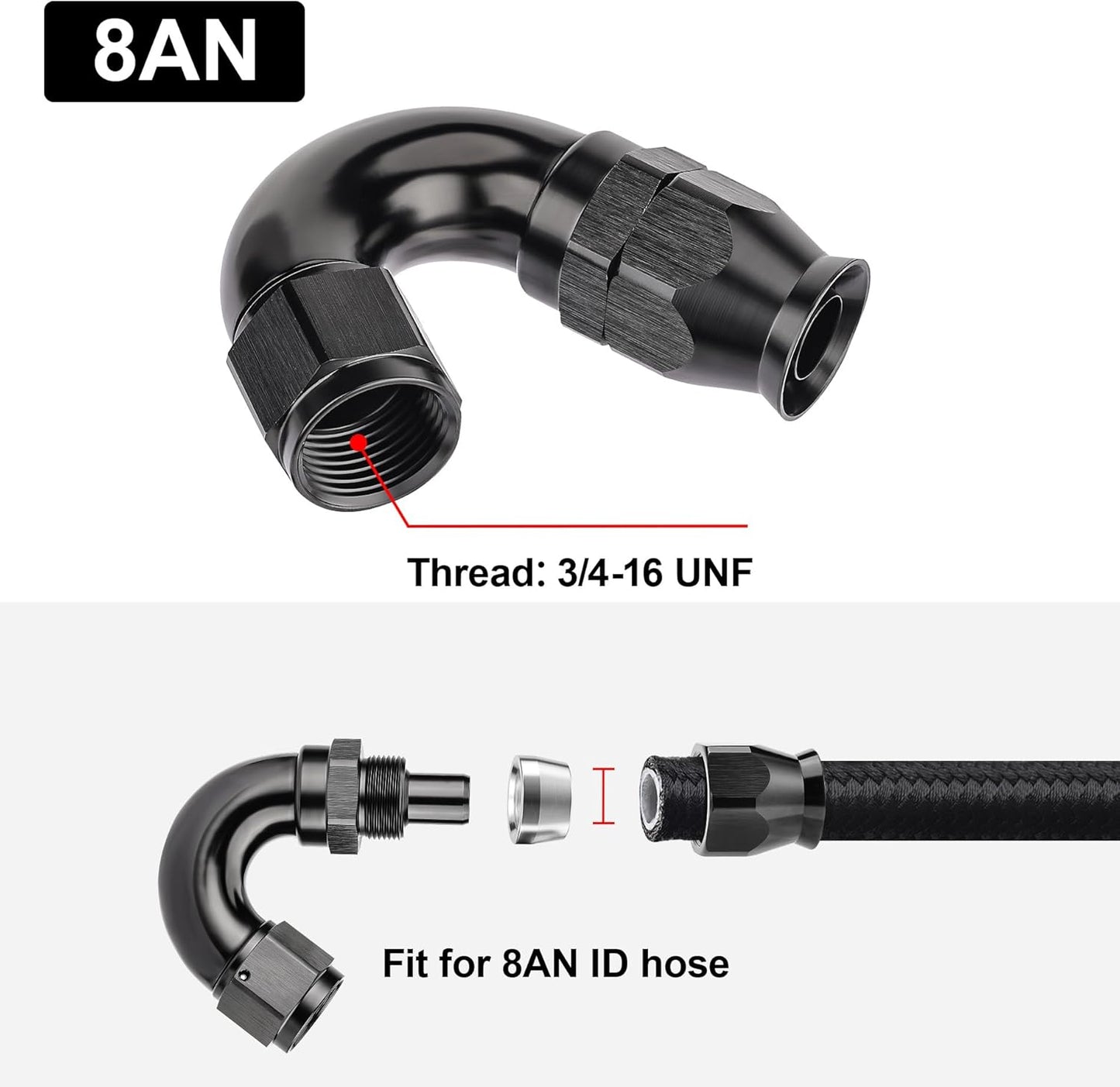 EVIL ENERGY 8AN 150 Degree PTFE One Piece Full Flow End Hose Fitting Aluminum Black