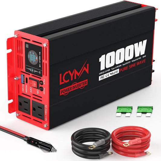 1000 Watts Pure Sine Wave Power Inverter 12V DC to 110V 120V AC Converter for Home RV Off Grid Truck Solar System Inverters with Type-C PD30W USB QC3.0 Port 2 AC Outlets LCD Display and Remote Control